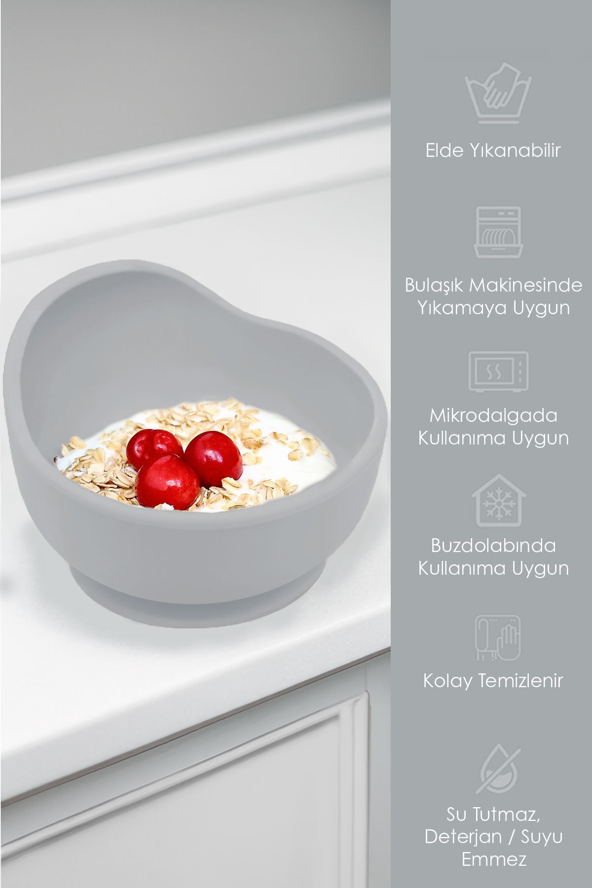 Meleni Baby 4'lü Silikon Beslenme Seti - Mama Önlüğü - Vakumlu Mama Kasesi - Pipetli Bardak - Kaşık - Gri fotoğrafı 5 (önizleme)