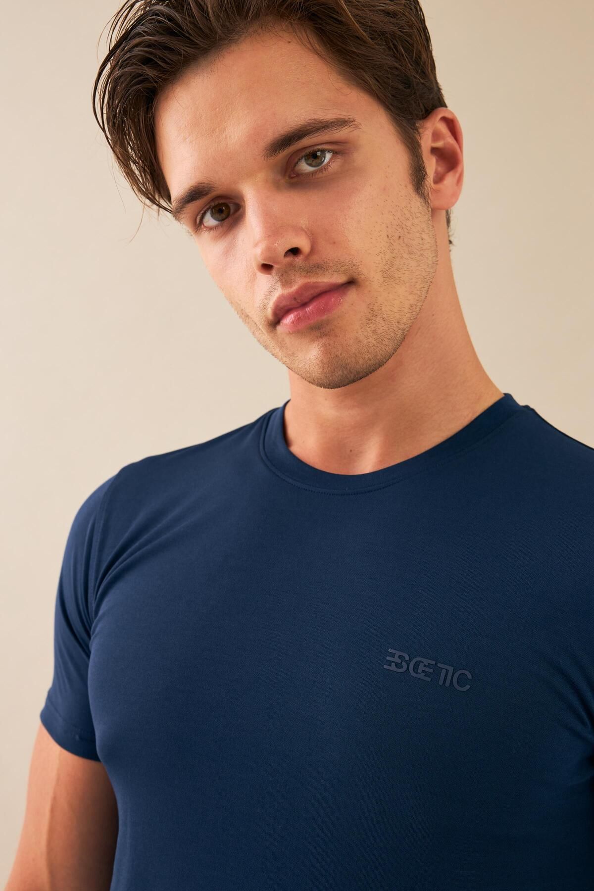 تی شرت ورزشی مردانه پیراهن پنبه ای بافته شده با لباس یقه صفر تنفس پارچه SLIMFIT T0095 Escetic