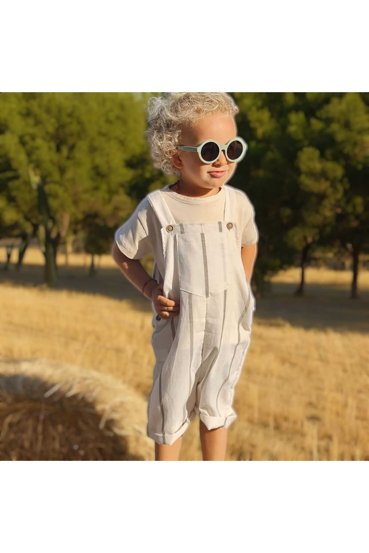 BEBEĞİME ÇORAP-Salopet de in pentru baieti - Salopeta pantaloni scurti cu dungi 1