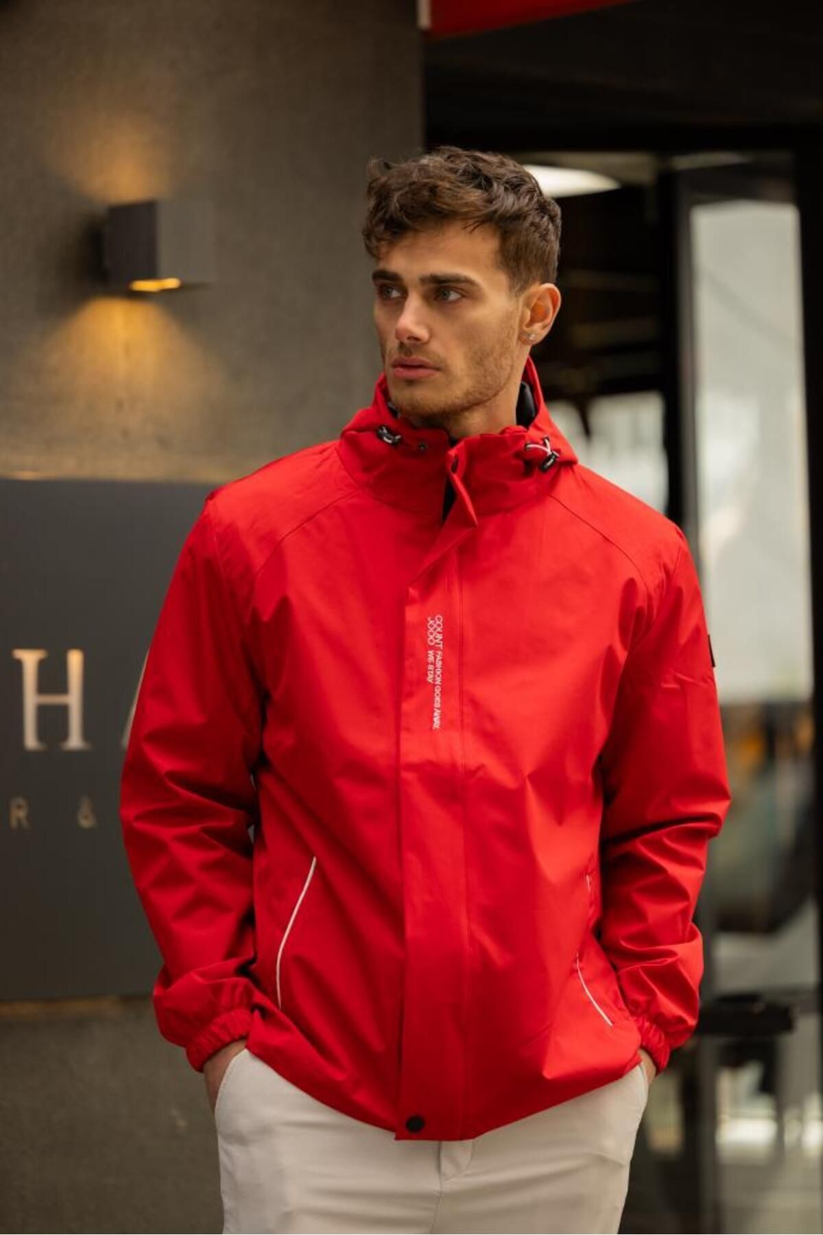 Decas YEAST İçi Astarlı Suya Dayanıklı Kapşonlu Fermuarlı Yağmurluk - Kırmızı