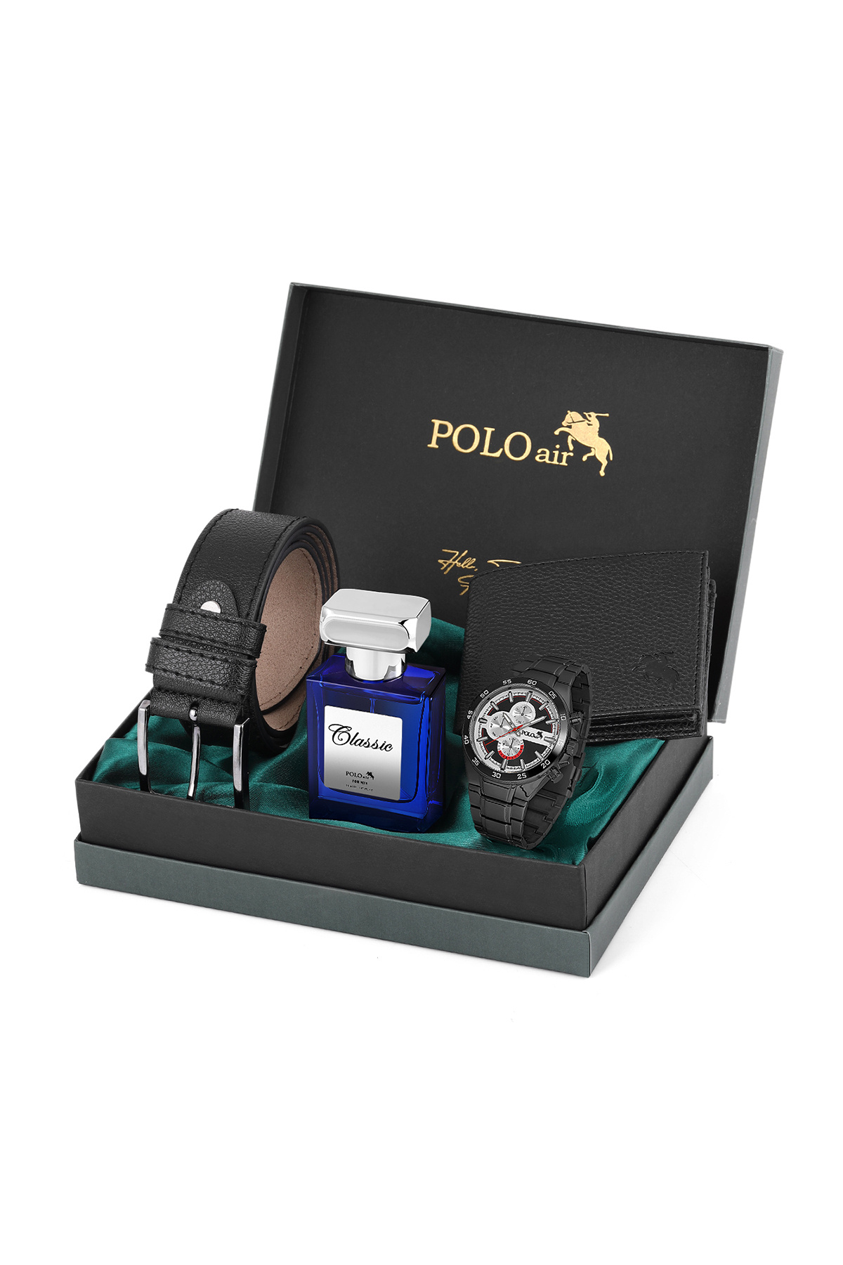 Polo Air Logolu Klasik Erkek Cüzdan Kemer Kol Saati Parfüm Seti Siyah Kombin PL-0879E1