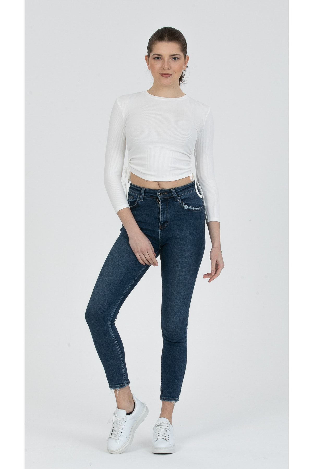Of White Side Shirred Knitted Crop Blouse ( Slim Fit )