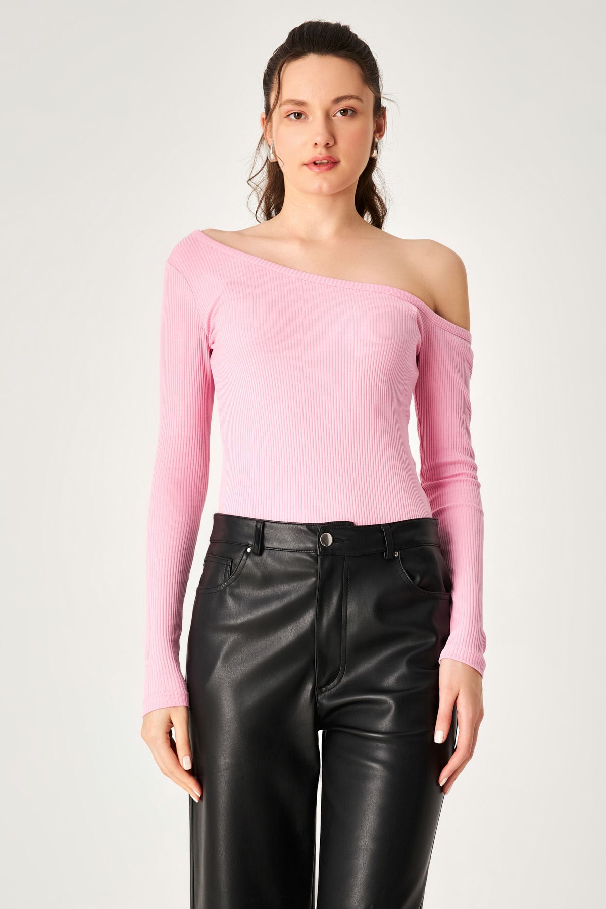 Pink Camisole Asymmetrical Neck Long Sleeve Blouse
