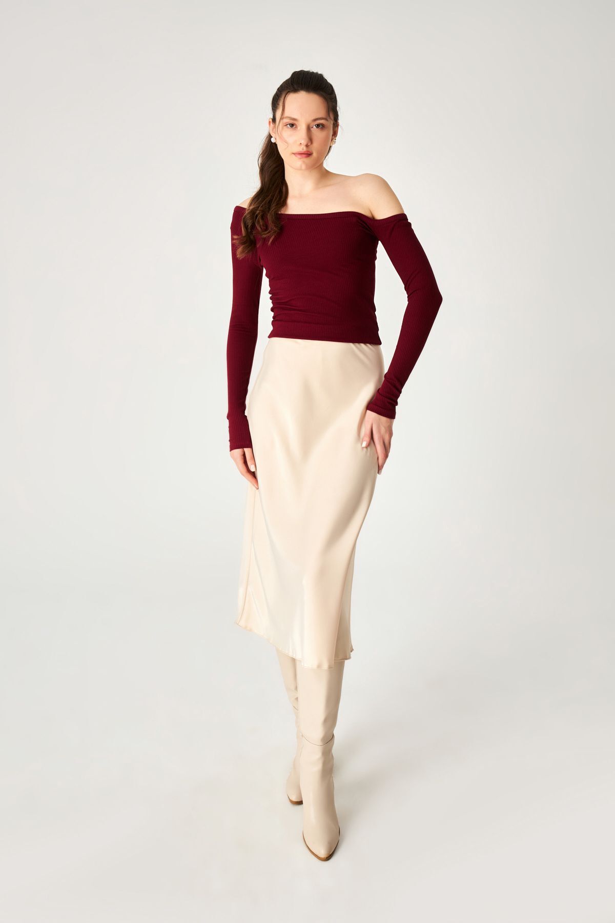 Burgundy Camisole Asymmetrical Neck Long Sleeve Blouse