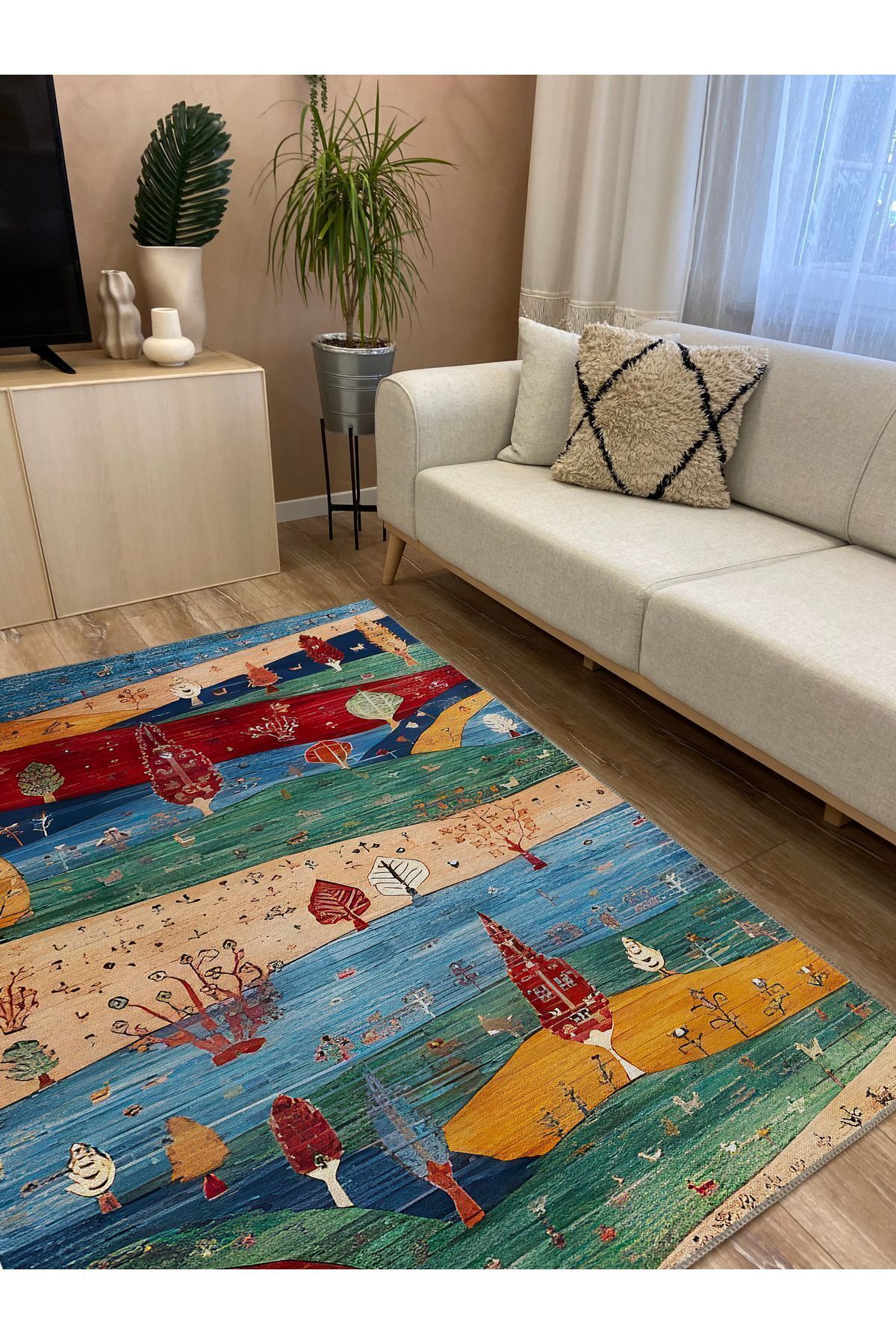 mars halı renklı manzara temalı dekoratif Kilim Salon Halısı Saçaklı Yıkanabilen Halı