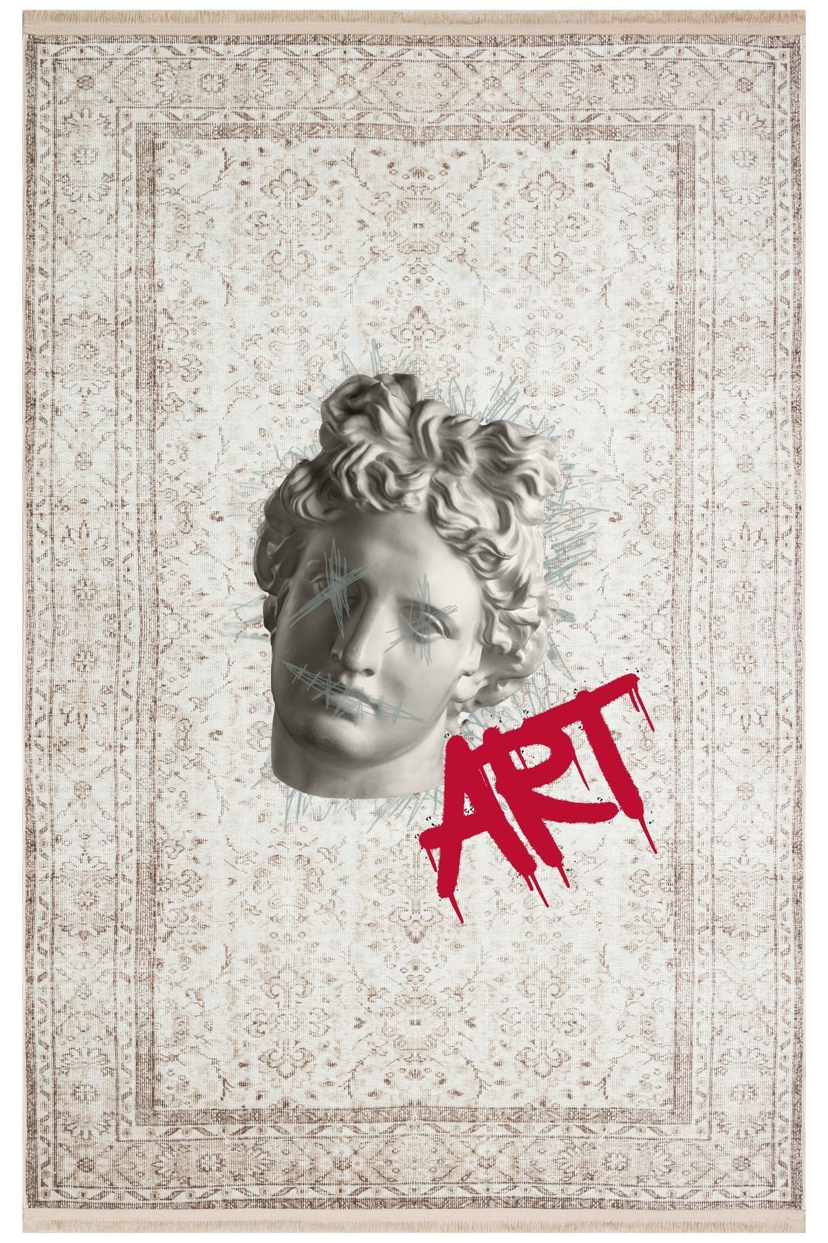 Mars 170 Bej Vintage Art Yazılı Heykel Figürlü Modern Dokuma Taban Halı