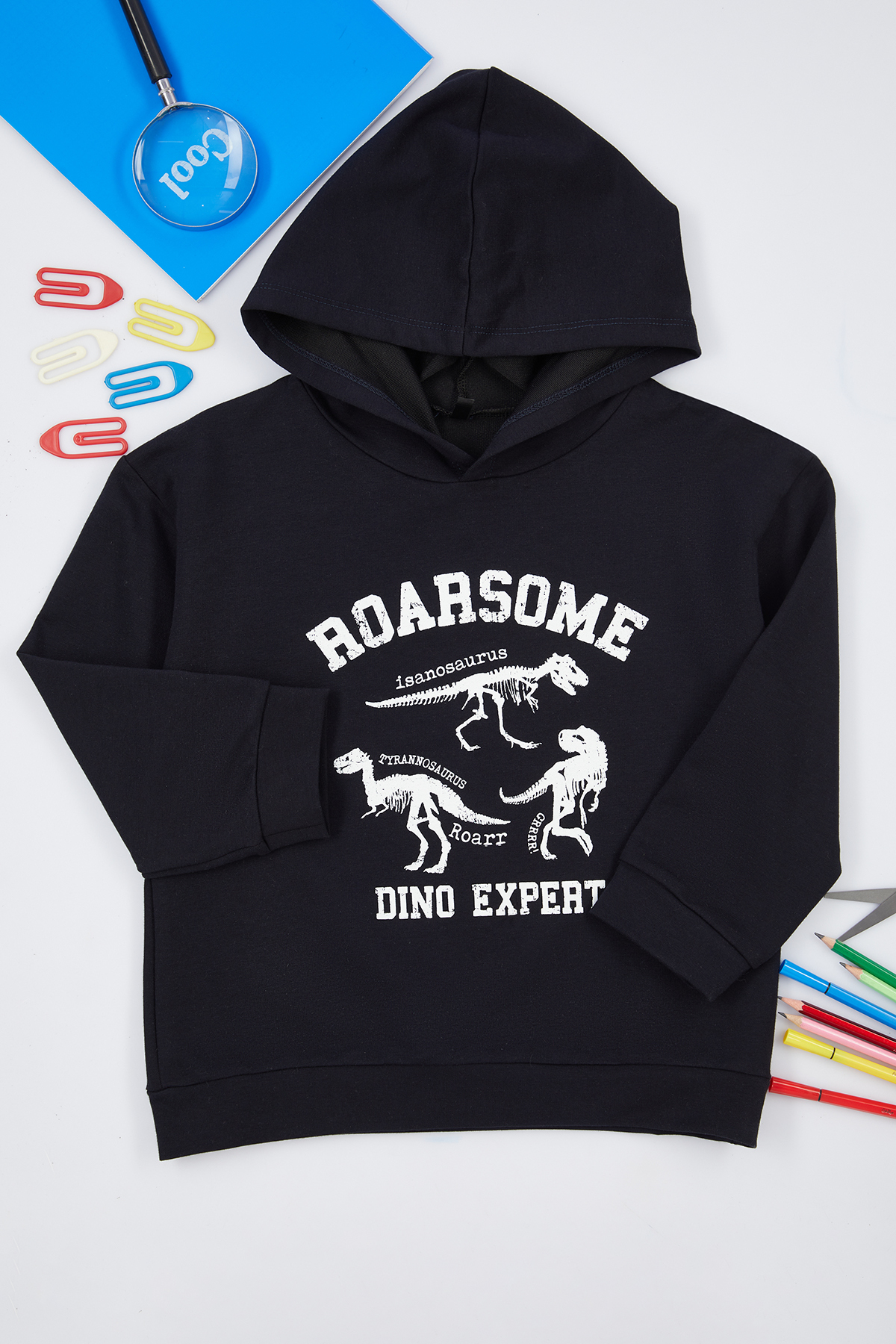 Trendyolmilla Kids Lacivert Erkek Çocuk Mevsimlik-İnce Dinozor Desenli Kapüşonlu Örme Sweatshirt TKDAW25SW00004