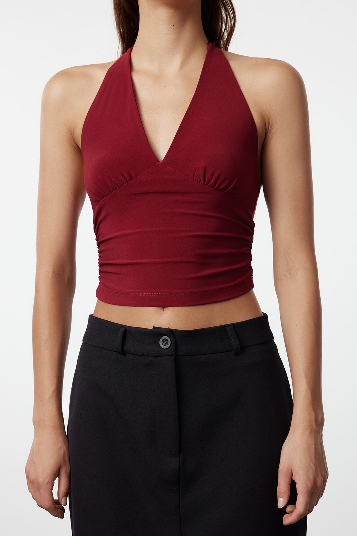 Trendyolmilla  Bordo Boyundan Bağlamalı Vücuda Oturan Esnek Örme Bluz TWOSS24BZ00061 - Görsel 4