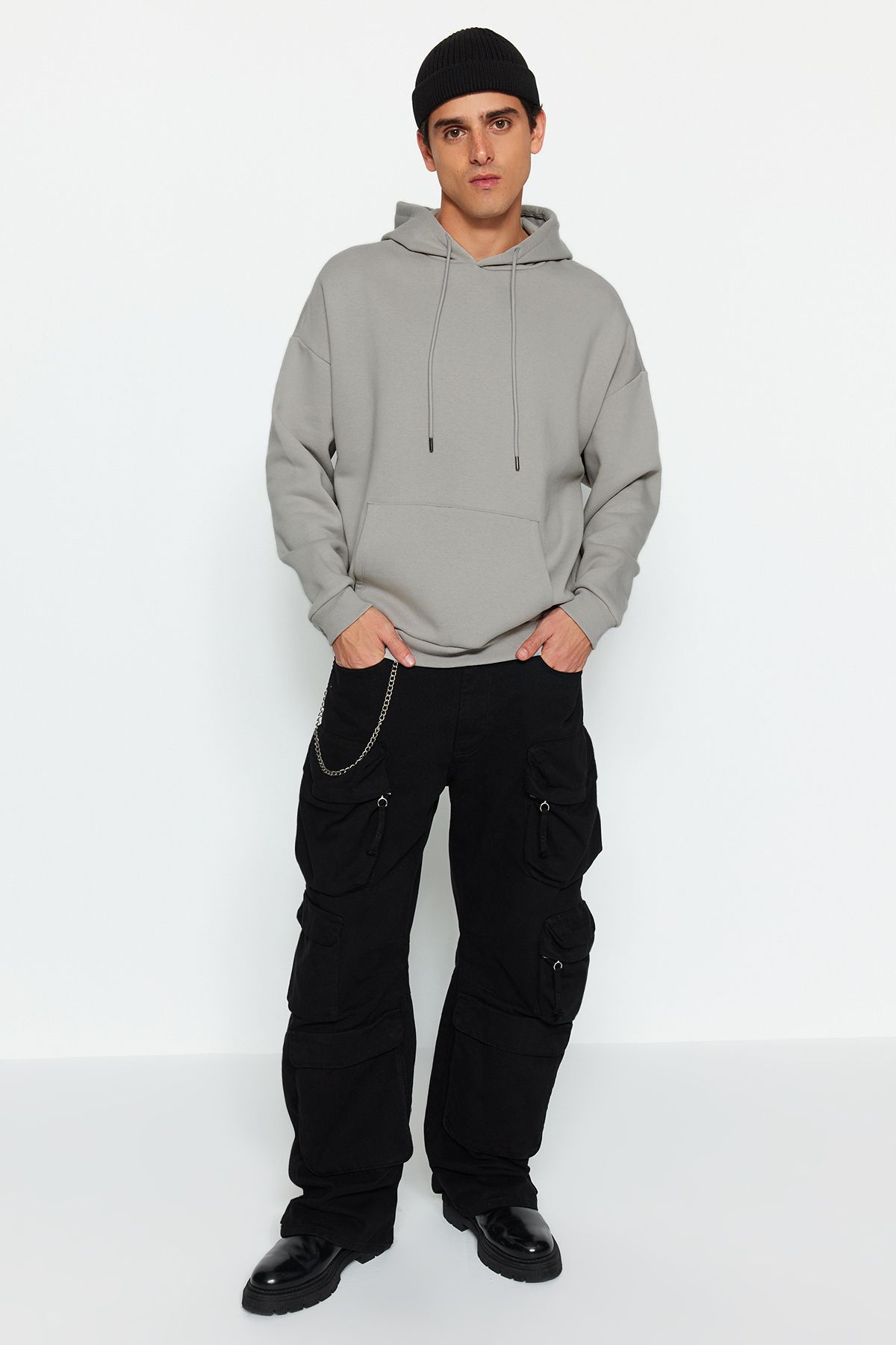 Trendyol Collection-Premium Gray Oversize Hooded Sweatshirt - Fleece/Warm Tmnaw24Sw00186 3