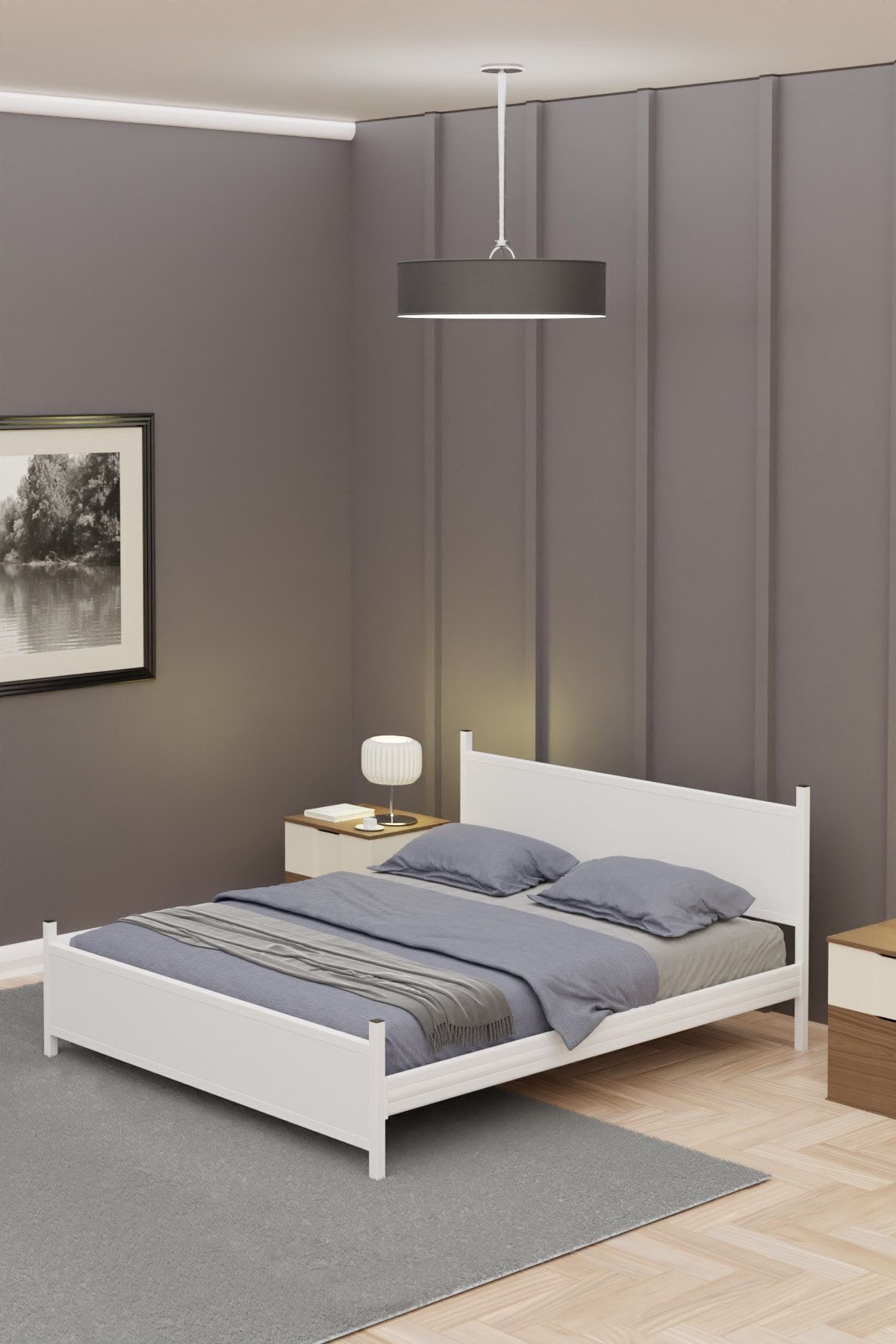 GM 305 MODERN DOUBLE WOODEN METAL ALL WHITE BEDSTEAD 150X200