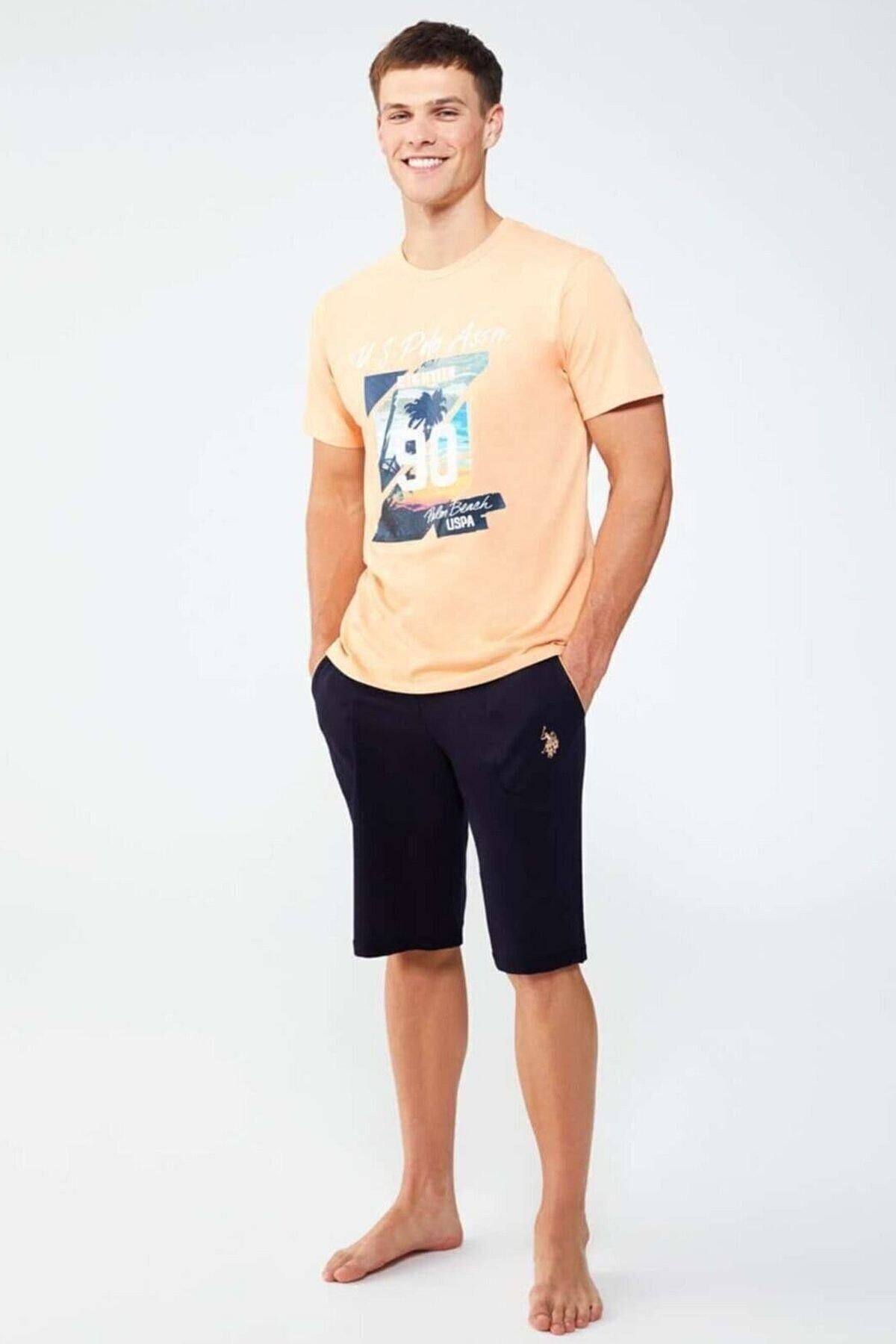 ست پیژامه صورتی مردانه شورت تیشرت سالمون اورجینال U.S. Polo Assn.