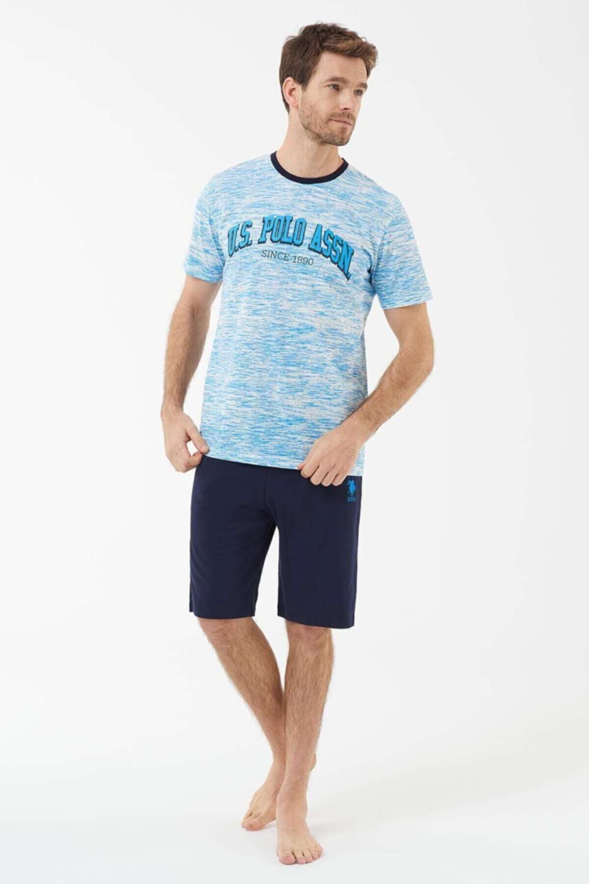 ست پیژامه آبی مردانه شورت تیشرت اورجینال U.S. Polo Assn.
