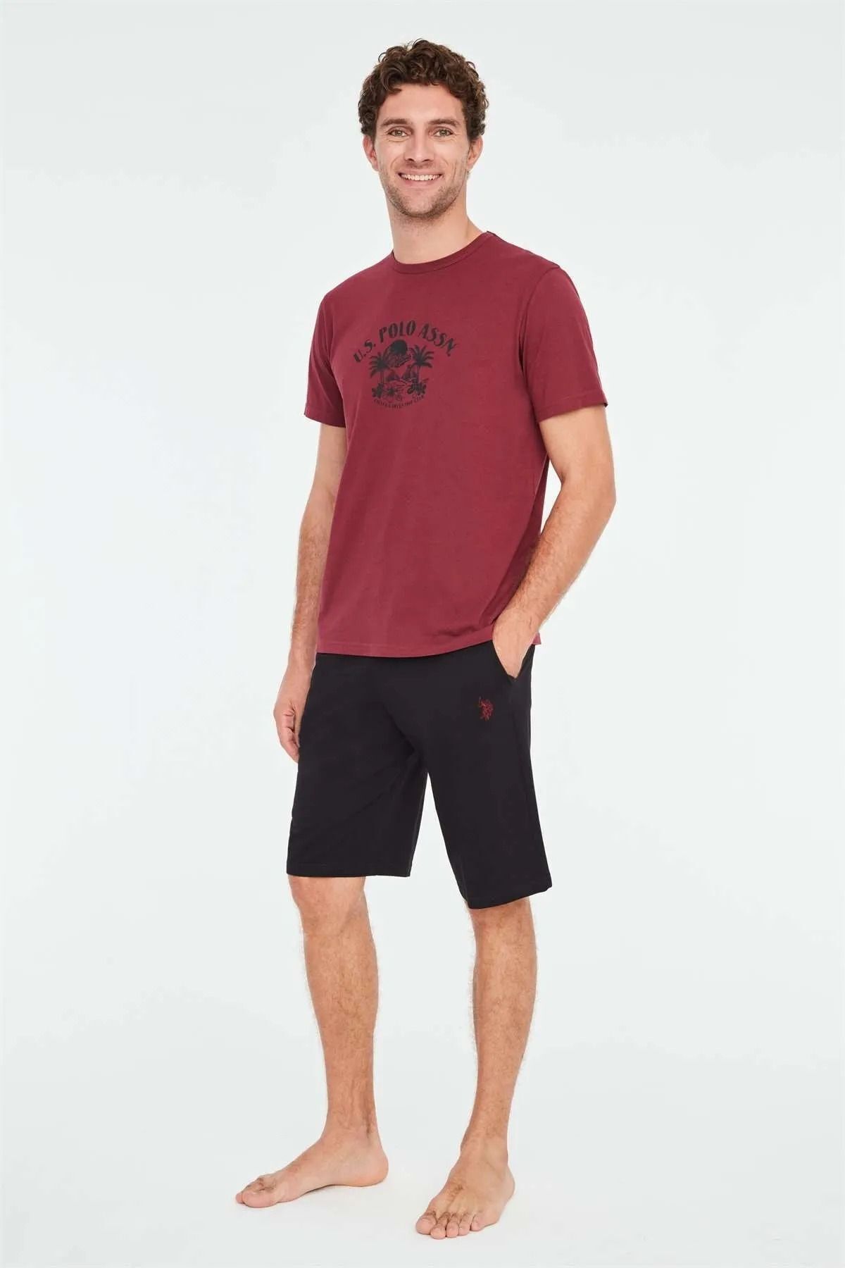 ست پیژامه قرمز مردانه شلوارک تیشرت آلو اورجینال U.S. Polo Assn.