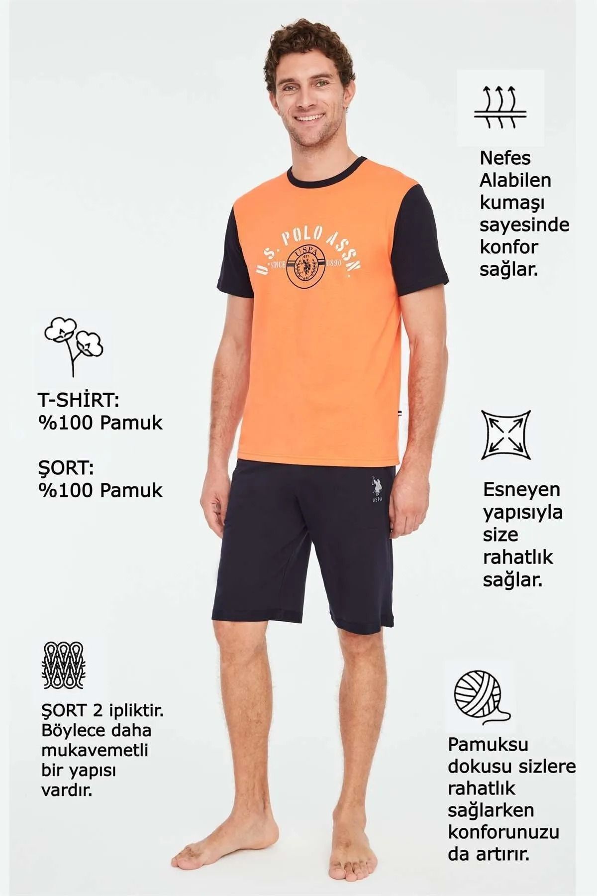 ست پیژامه نارنجی مردانه تیشرت اورجینال U.S. Polo Assn.