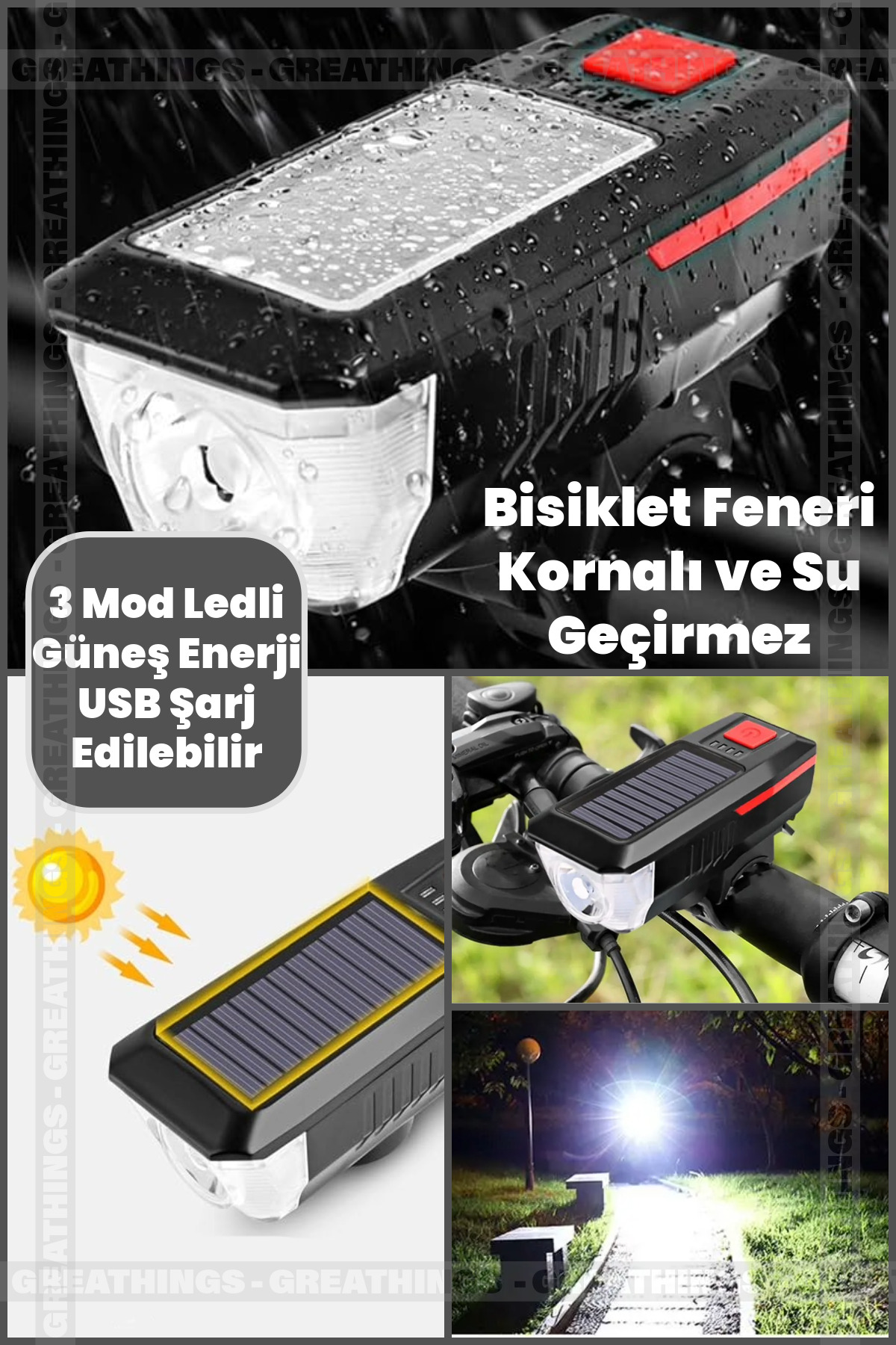 Greathings Solar Güneş Enerjili USB ile Şarj Edilebilir 3 Mod Ledli Bisiklet Feneri Kornalı Ve Su Geçirmez Far