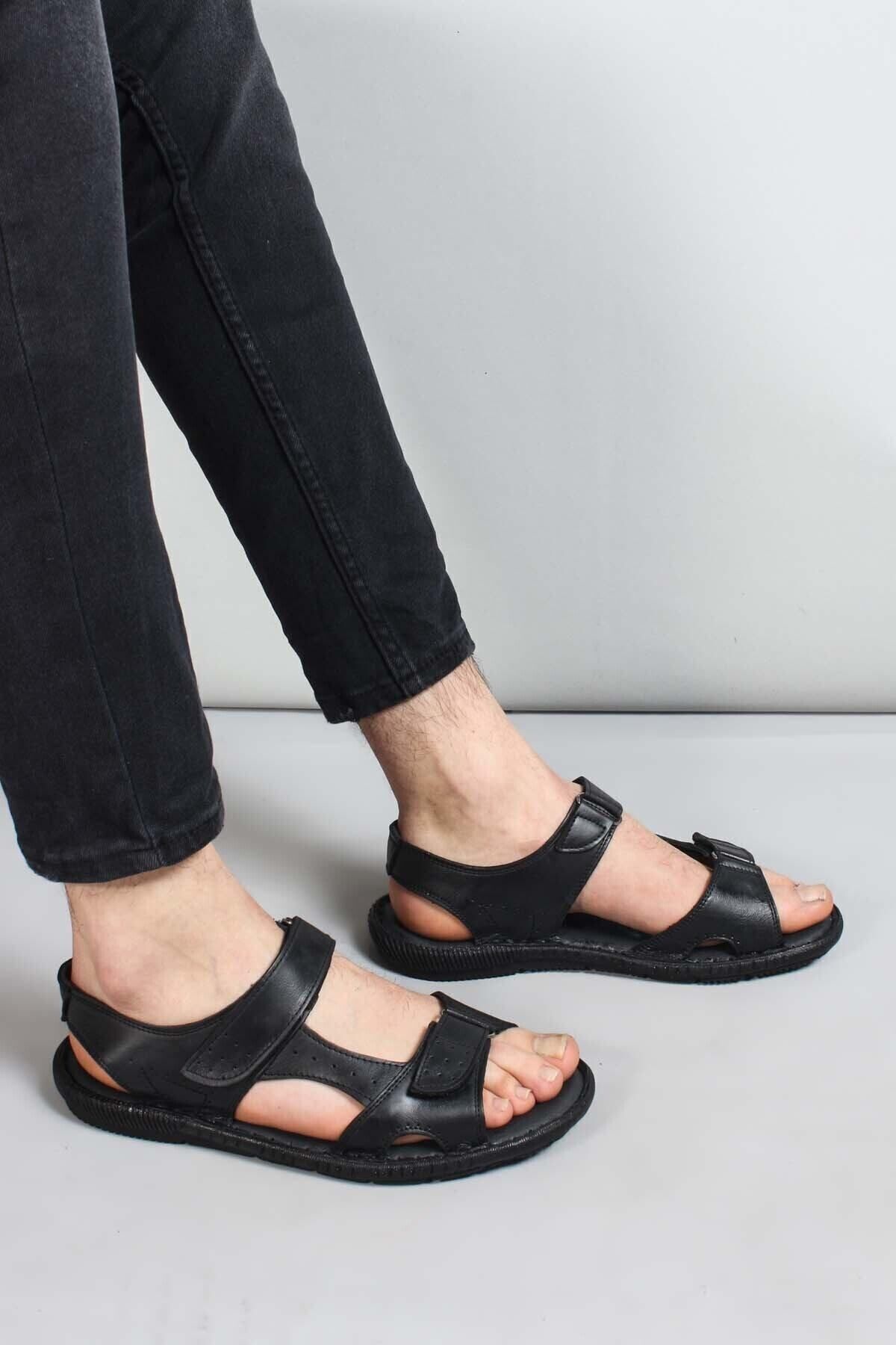 صندل سیاه مردانه نوار چرمی واقعی مردانههان روزانه های ساحلی تابستانی روزمره 819ma088 Fast Step