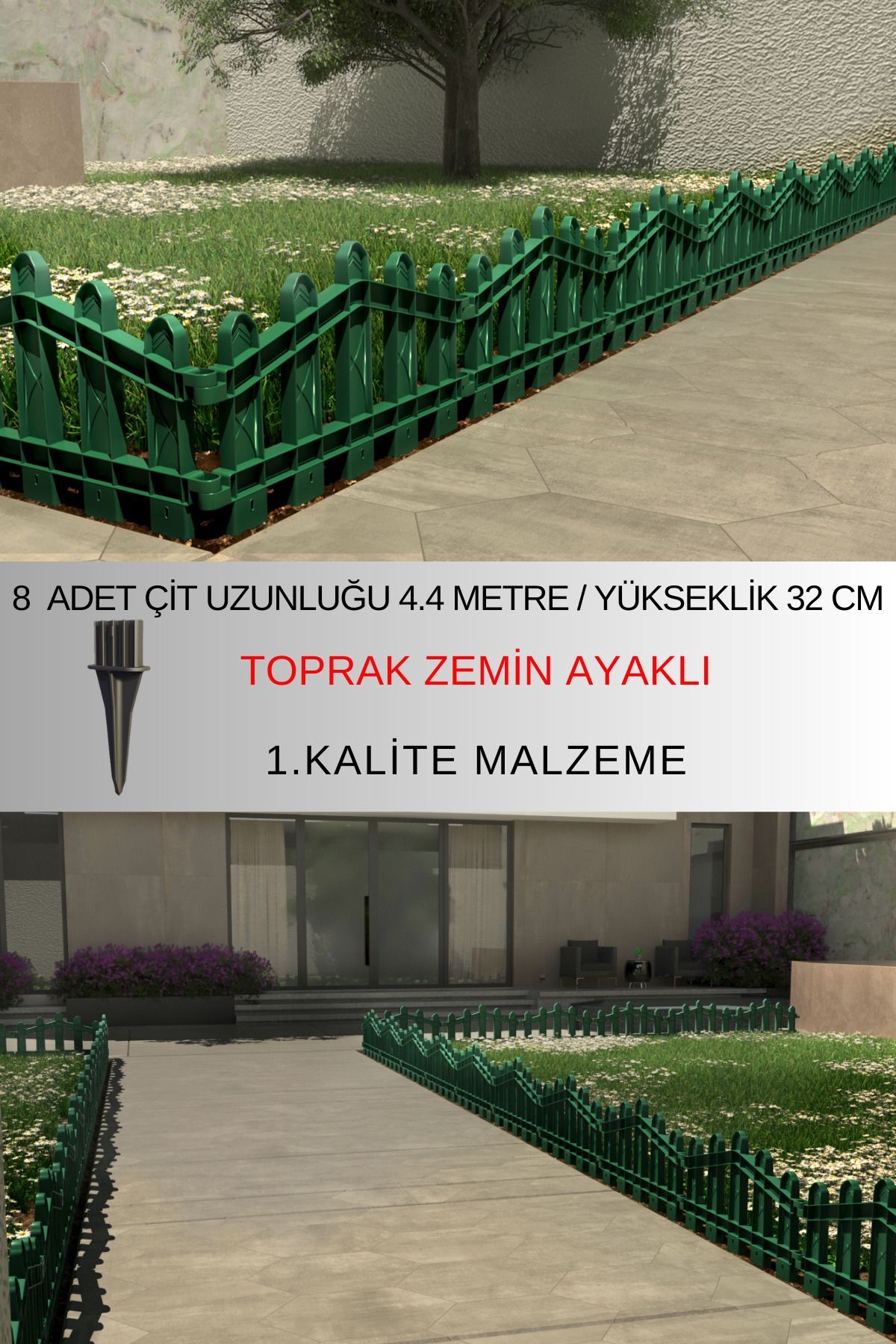 Decorative Plastic Garden And Landscape Fence 8 Pieces Fence (H: 32 CM / W: 4.4 M) With Soil Leg