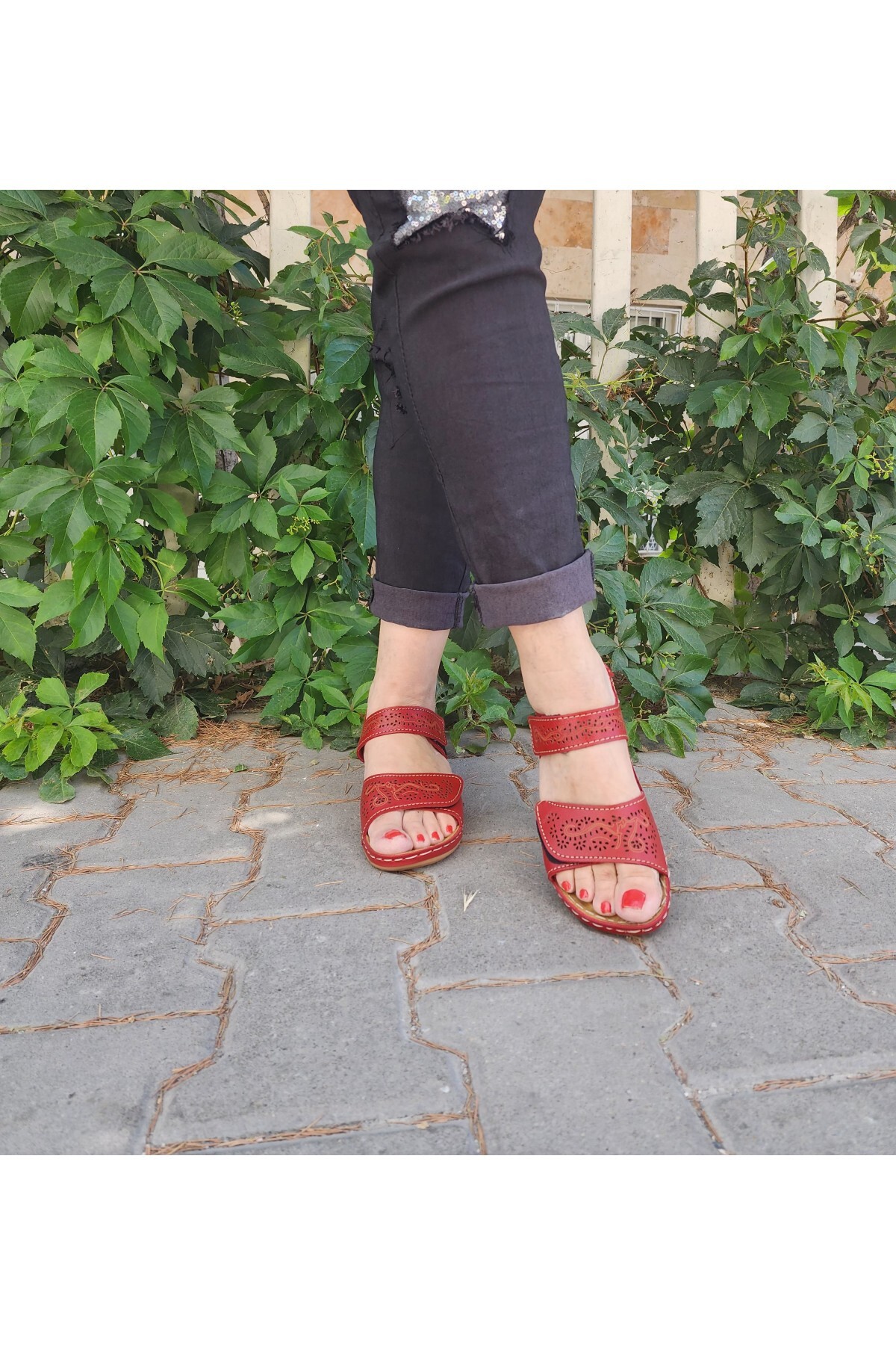 صندل زنانه قرمز GokceKundura06 | GKMOTF5906 اورجینال - تصویر 5