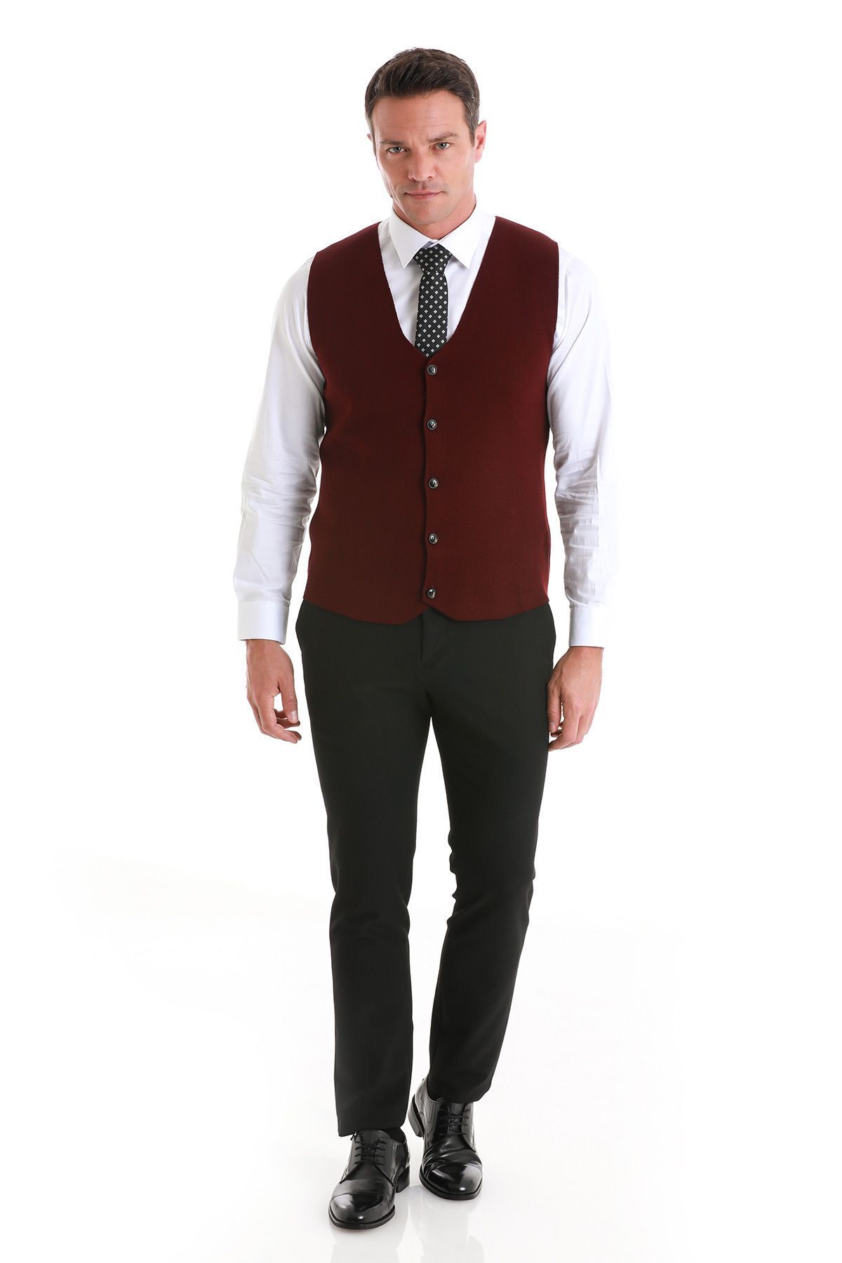 Hatemoğlu-Claret Red Regular Fit Plain V-Neck Knitwear Vest 2