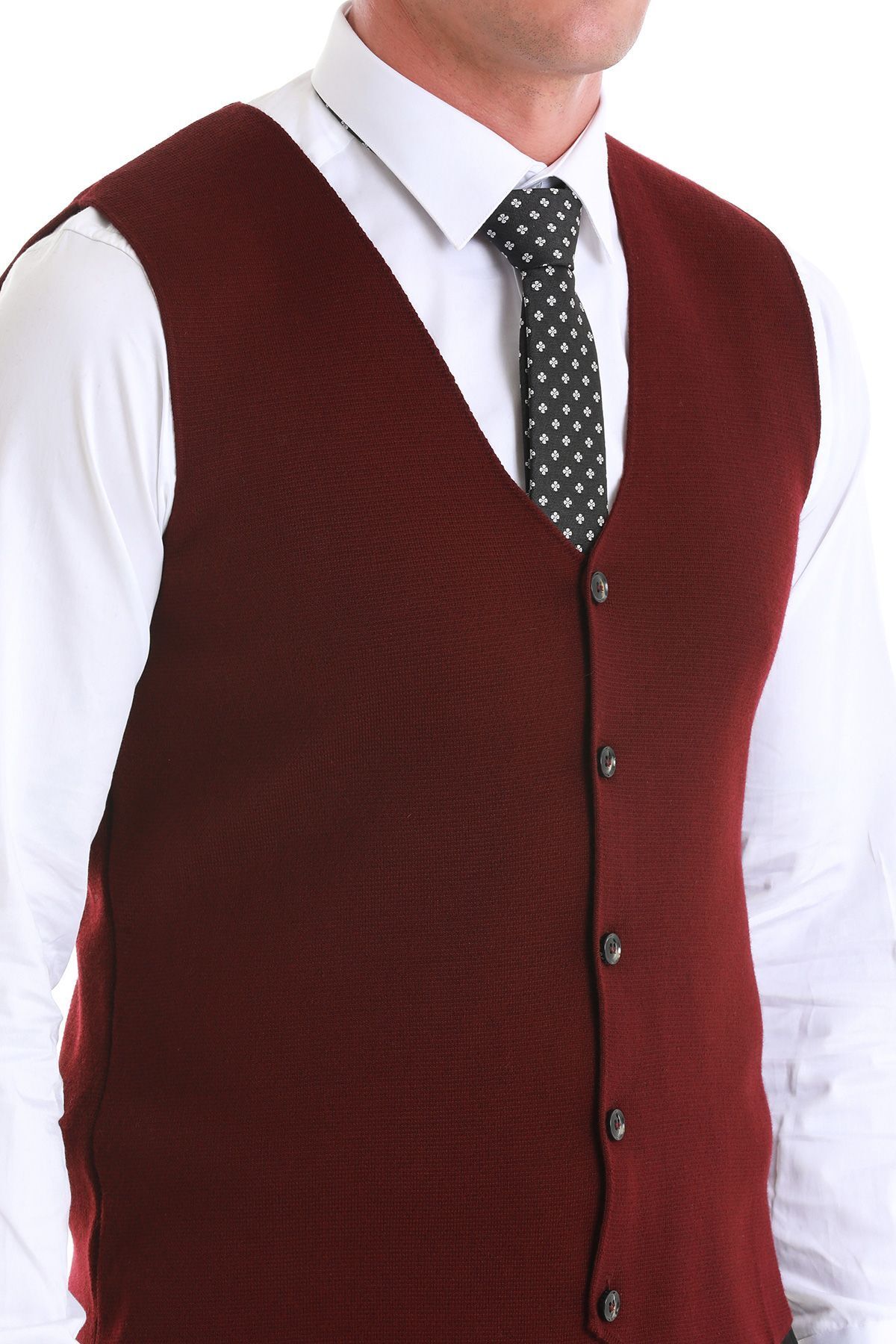 Hatemoğlu-Claret Red Regular Fit Plain V-Neck Knitwear Vest 4