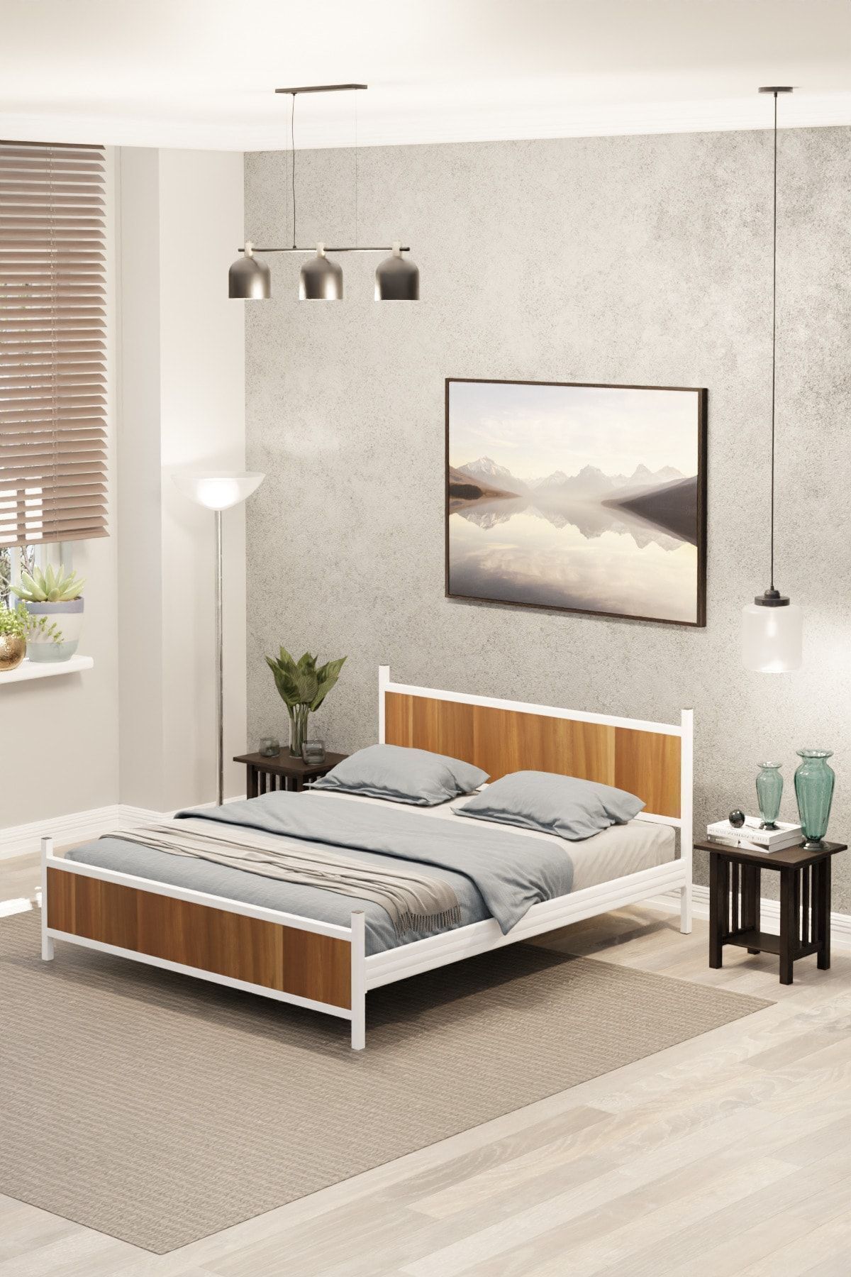 Metalia GM 305 MODERN ÇİFT KİŞİLİK AHŞAP METAL BEYAZ CEVİZ KARYOLA 160X200