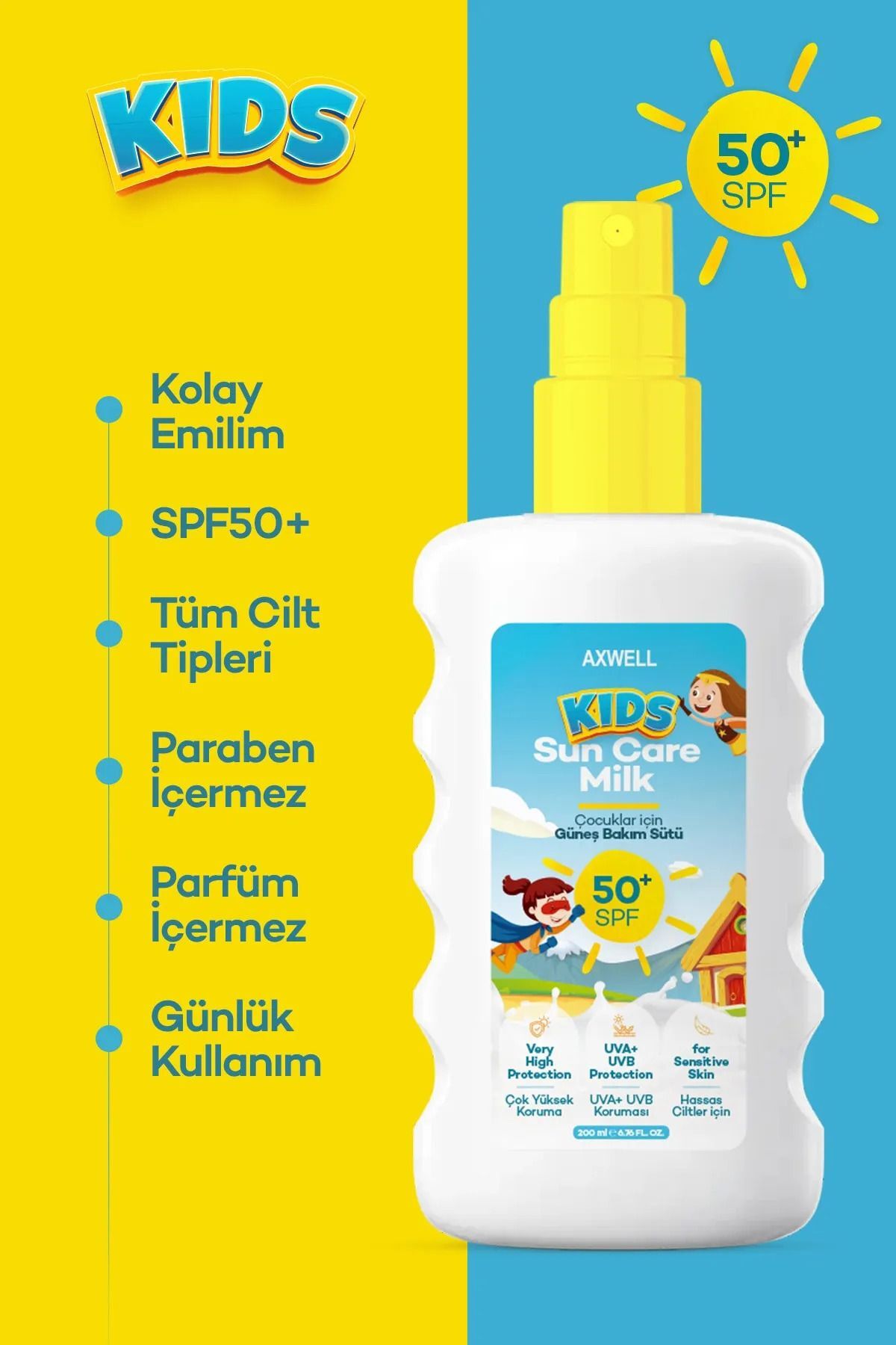 AXWELL Kids Çok Yüksek Koruyucu Çocuk İçin Yüz & Vücut Güneş Sütü Spreyi Spf50+ 200 ml fotoğrafı 3 (önizleme)
