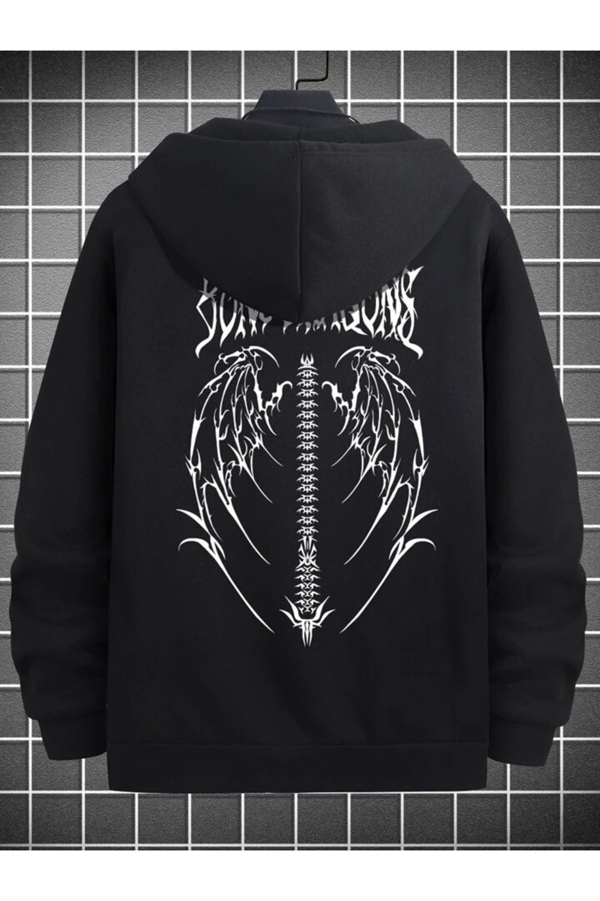 Boi  Gothic Wing Dragon's Bone Kanat Sweatshirt Fermuarlı Hırka -Gri Oversize Kalın Kışlık Kapüşonlu - Görsel 2