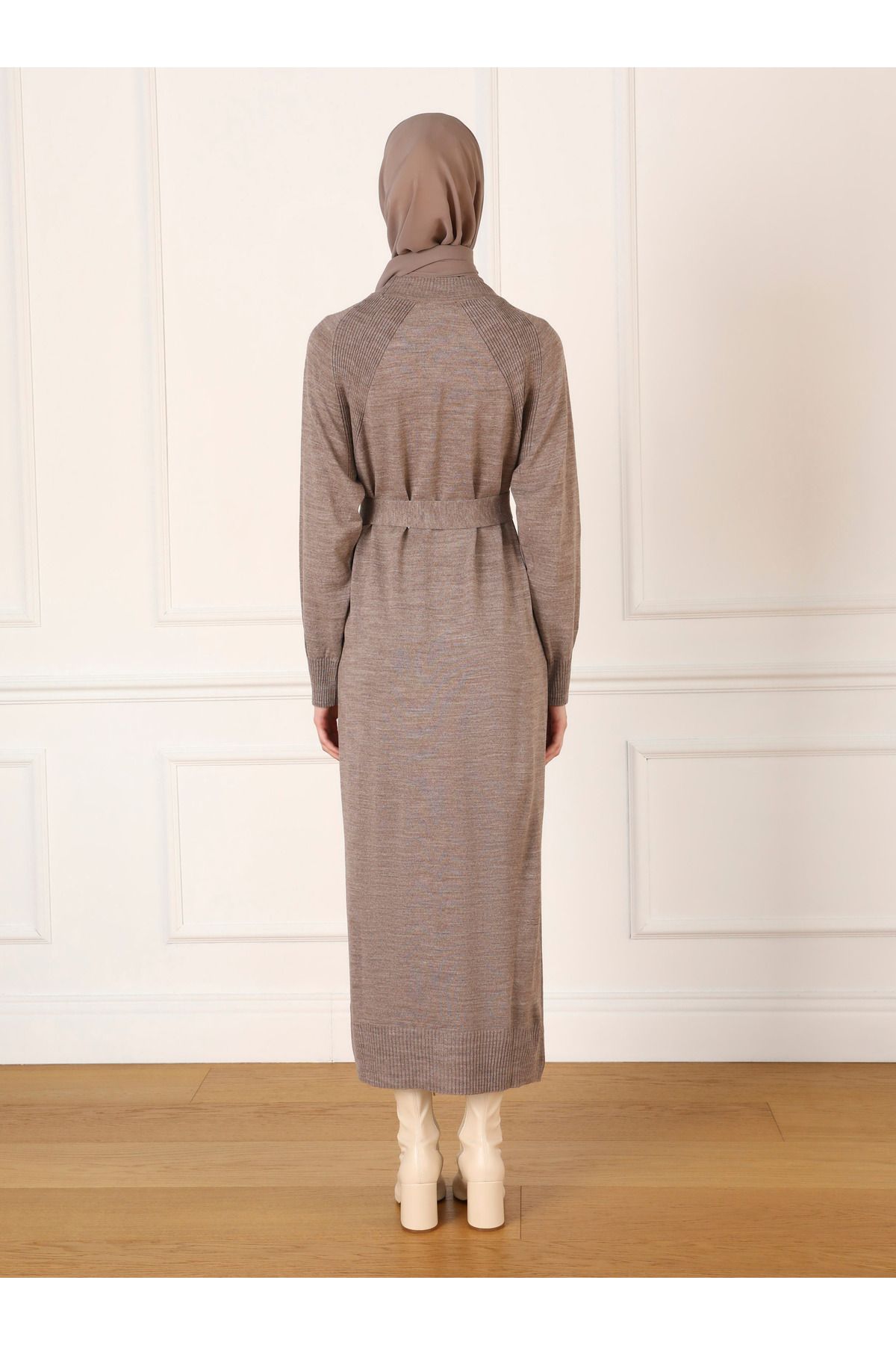 Refka-Gürtel Detaillierte Reglan Ärmel Strick Hijab Kleid - Nerz - Refka 5