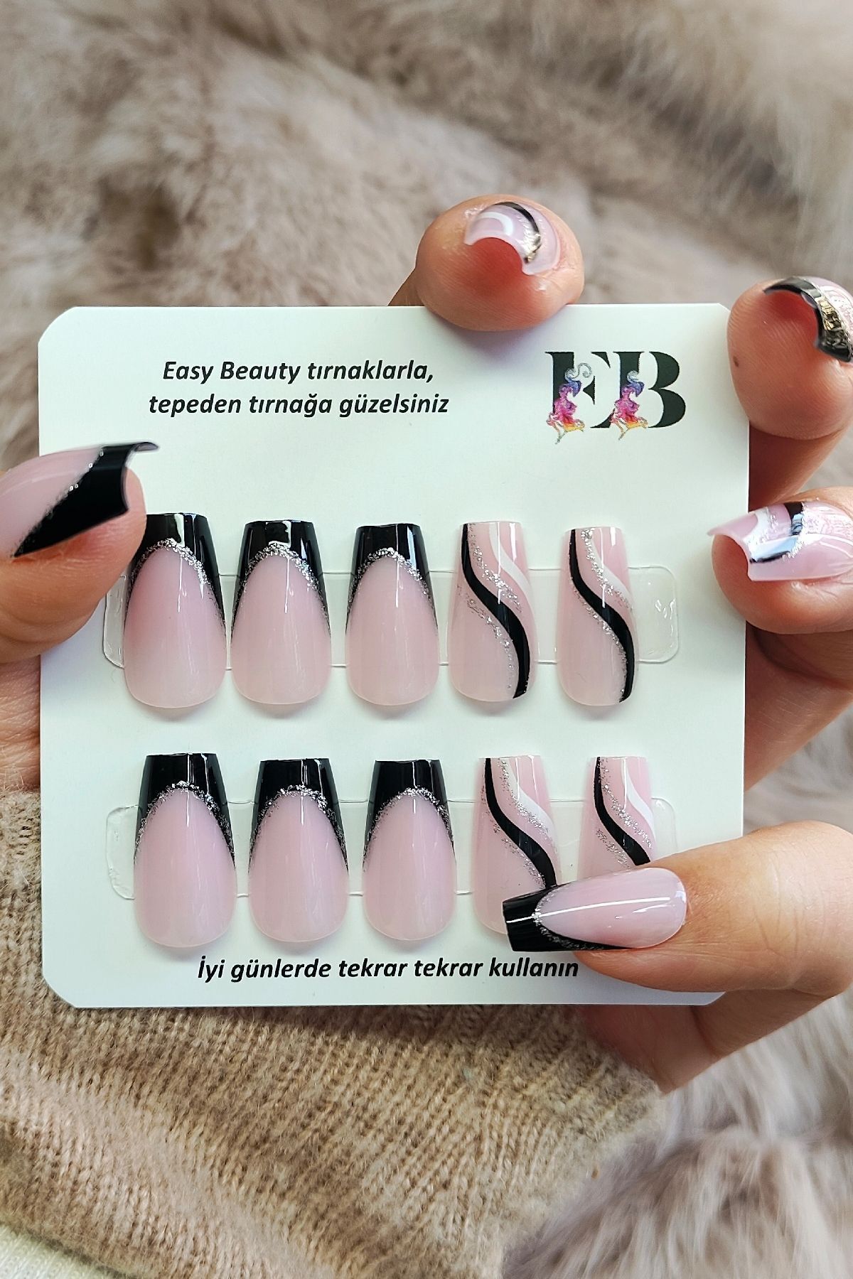 ست 24 تکه ناخن مصنوعی فرنچ کوتاه مشکی اکسسوری ناخن مصنوعی طرحدار W298 Easy Beauty