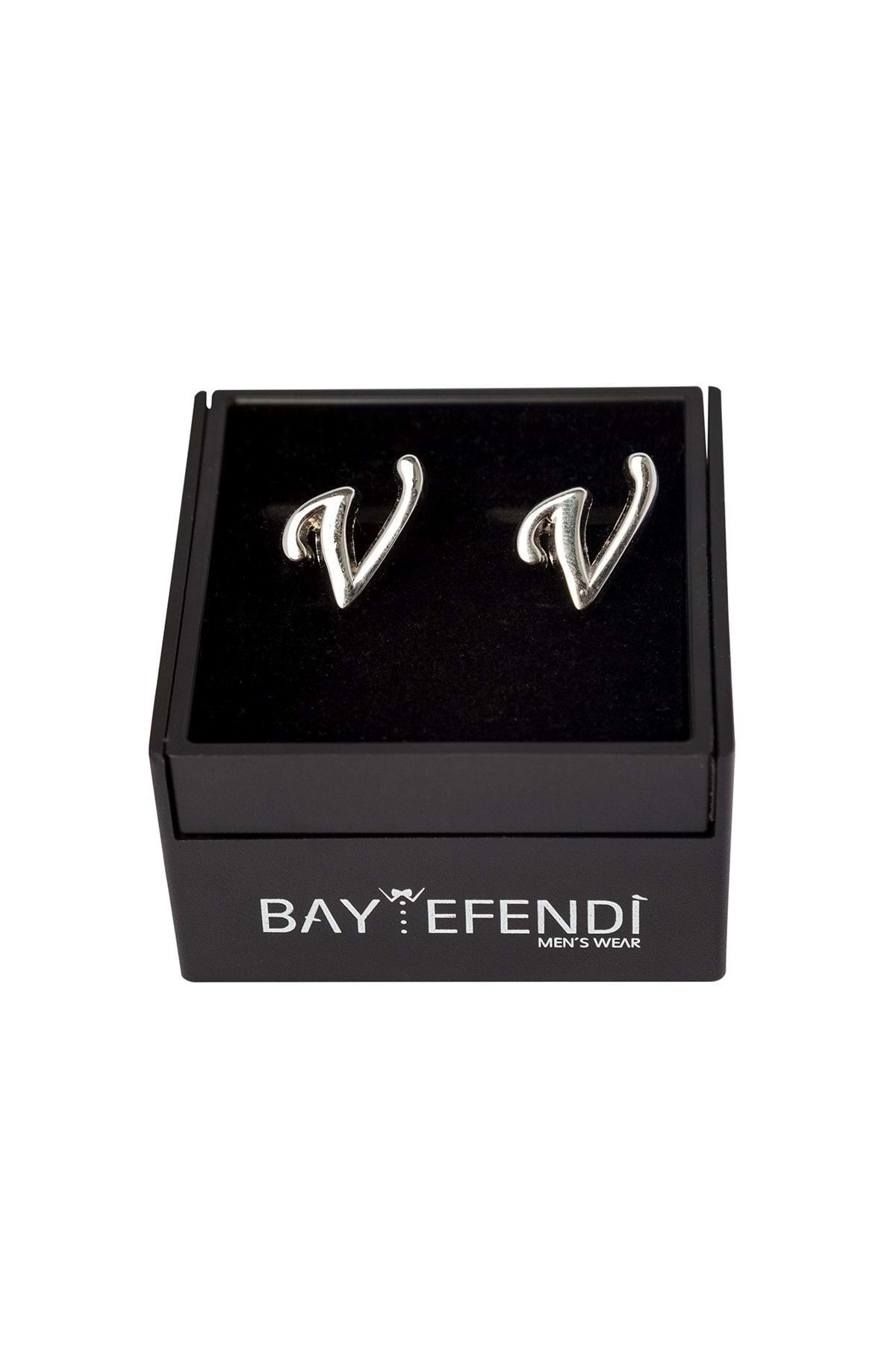 BAYEFENDİ Kişiye Özel Çift Harfli Gümüş Renk Kol Düğmesi V Harfi