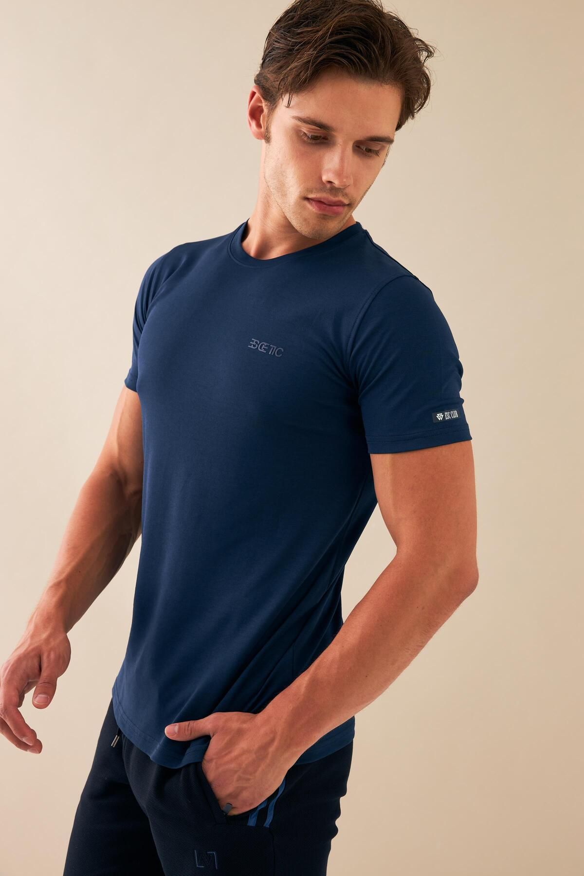 تی شرت ورزشی مردانه پیراهن پنبه ای بافته شده با لباس یقه صفر تنفس پارچه SLIMFIT T0095 Escetic