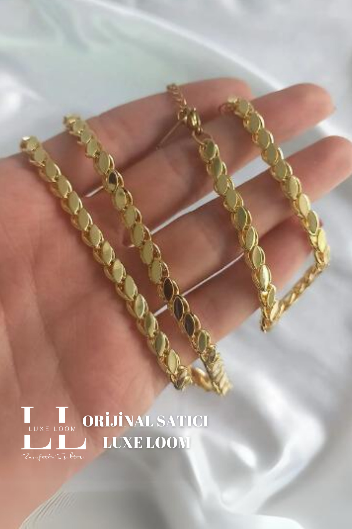 Luxe Loom Kadın Gold Renk Arpa Zincirli Çelik Gerdanlık Kolye Bileklik Seti