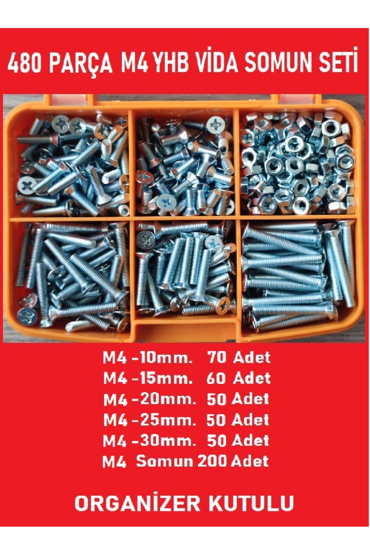 bul end M4 Yhb Vida Somun Seti-480 Adet-metrik 4mm-boy 10-15-20-25-30 Mm Organizer Kutulu-4mm Vida Somun