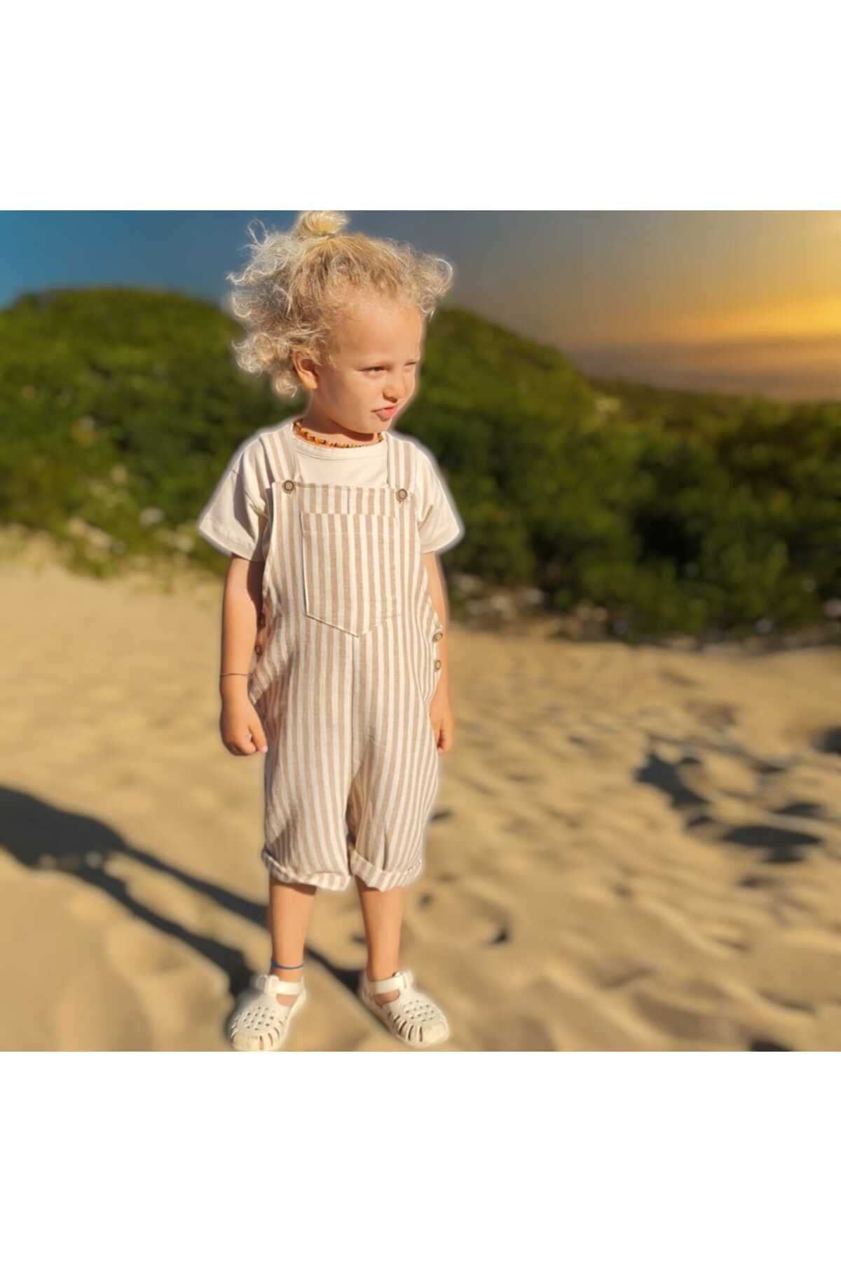 Boys Striped Linen Dungaree Shorts Jumpsuit