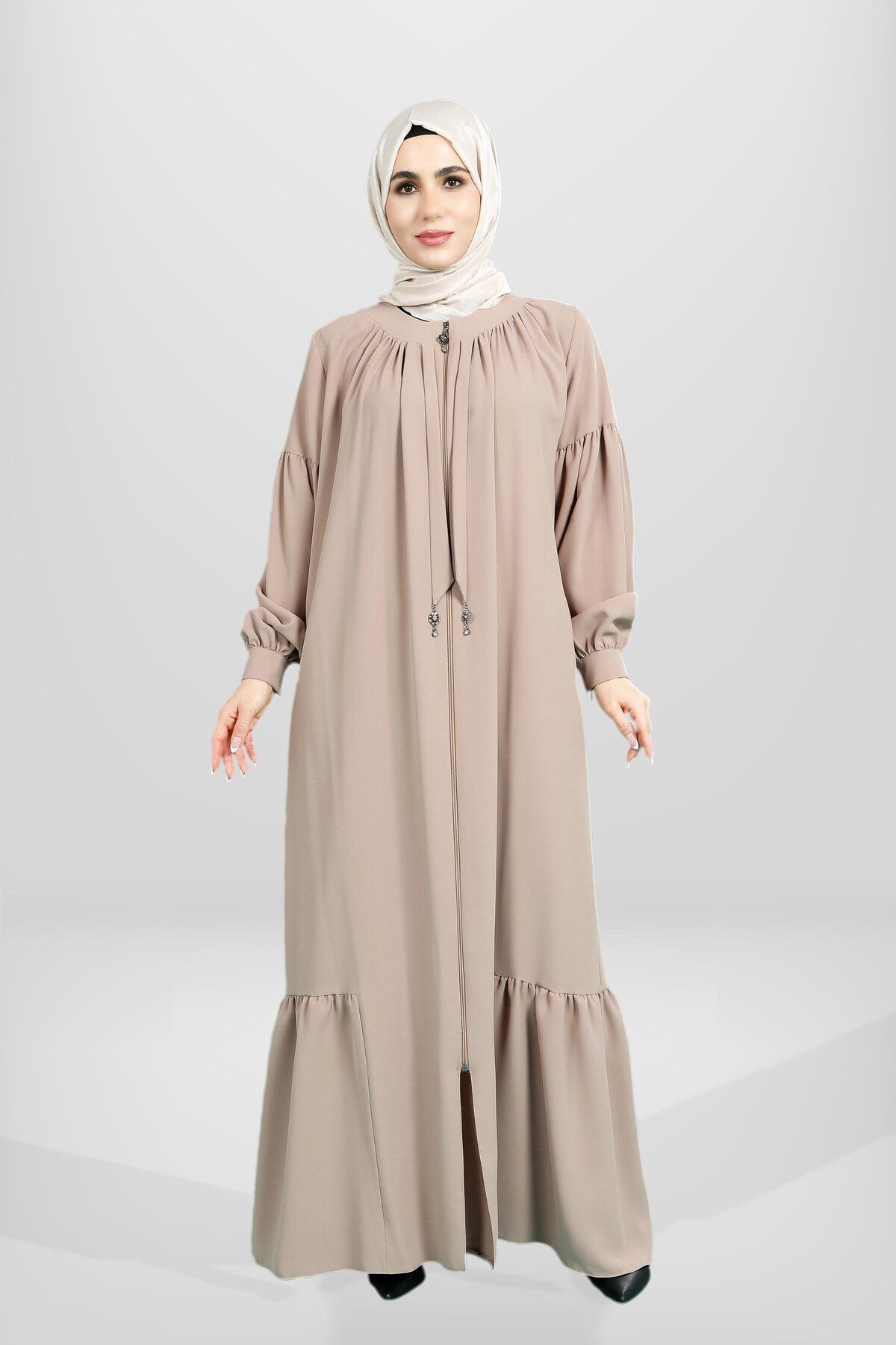 مانتو و عبای پوشیده زنانه دامن لوازم جانبی سنگ ZIPPERED VOLAN BEIGE COLOR FERACE 3887 Beyza