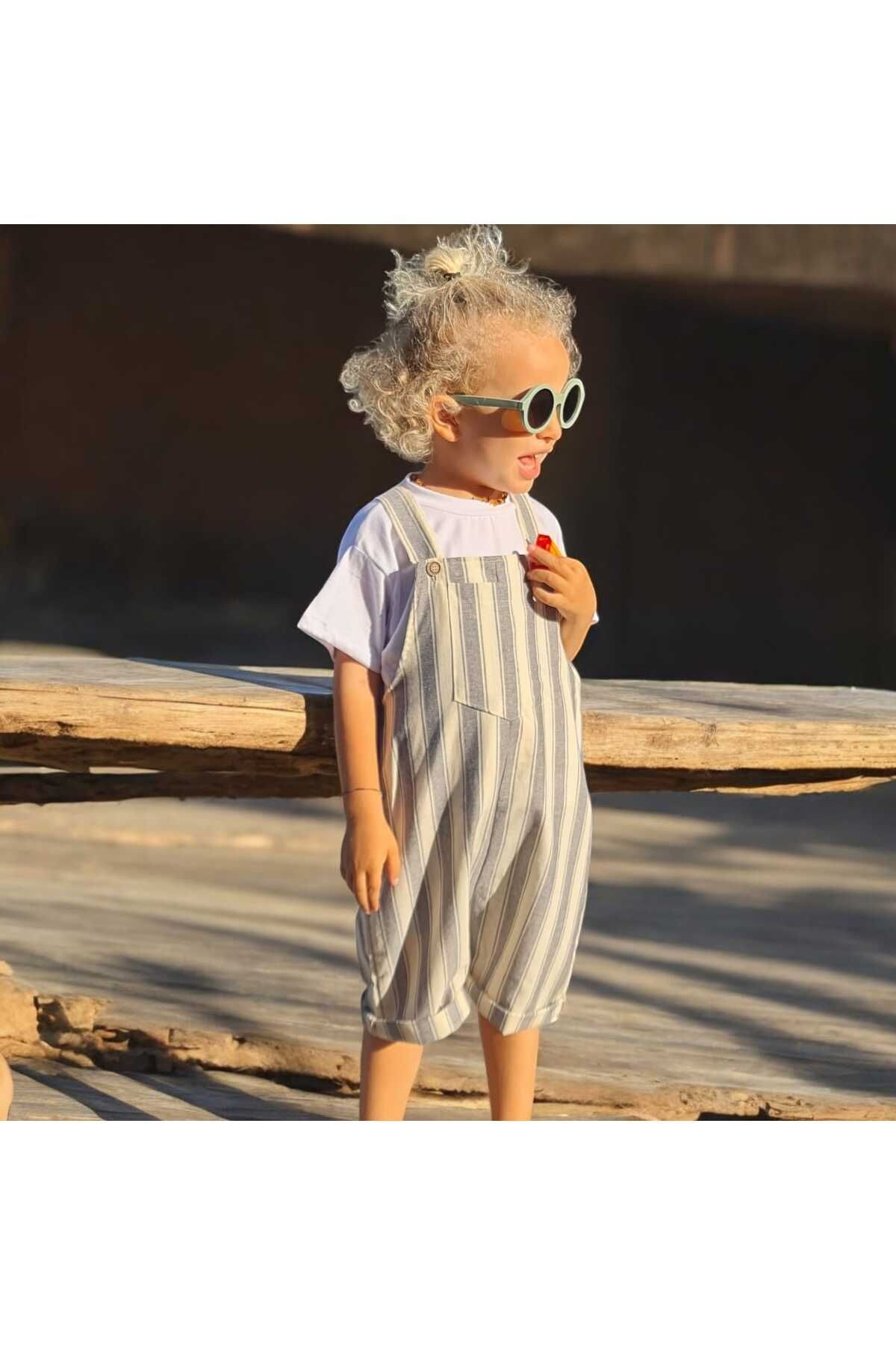 Boys Striped Linen Dungaree Shorts Jumpsuit