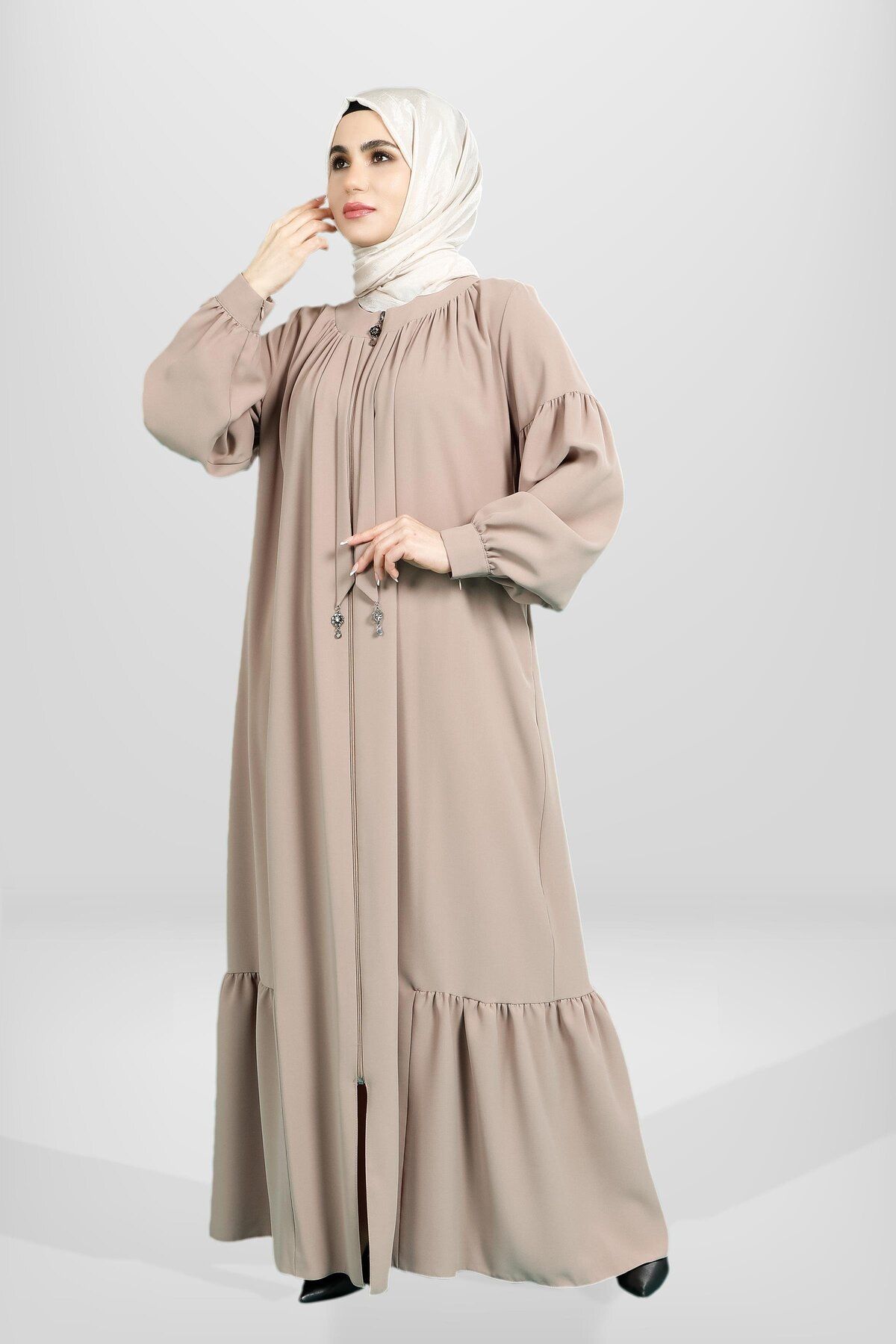 مانتو و عبای پوشیده زنانه دامن لوازم جانبی سنگ ZIPPERED VOLAN BEIGE COLOR FERACE 3887 Beyza
