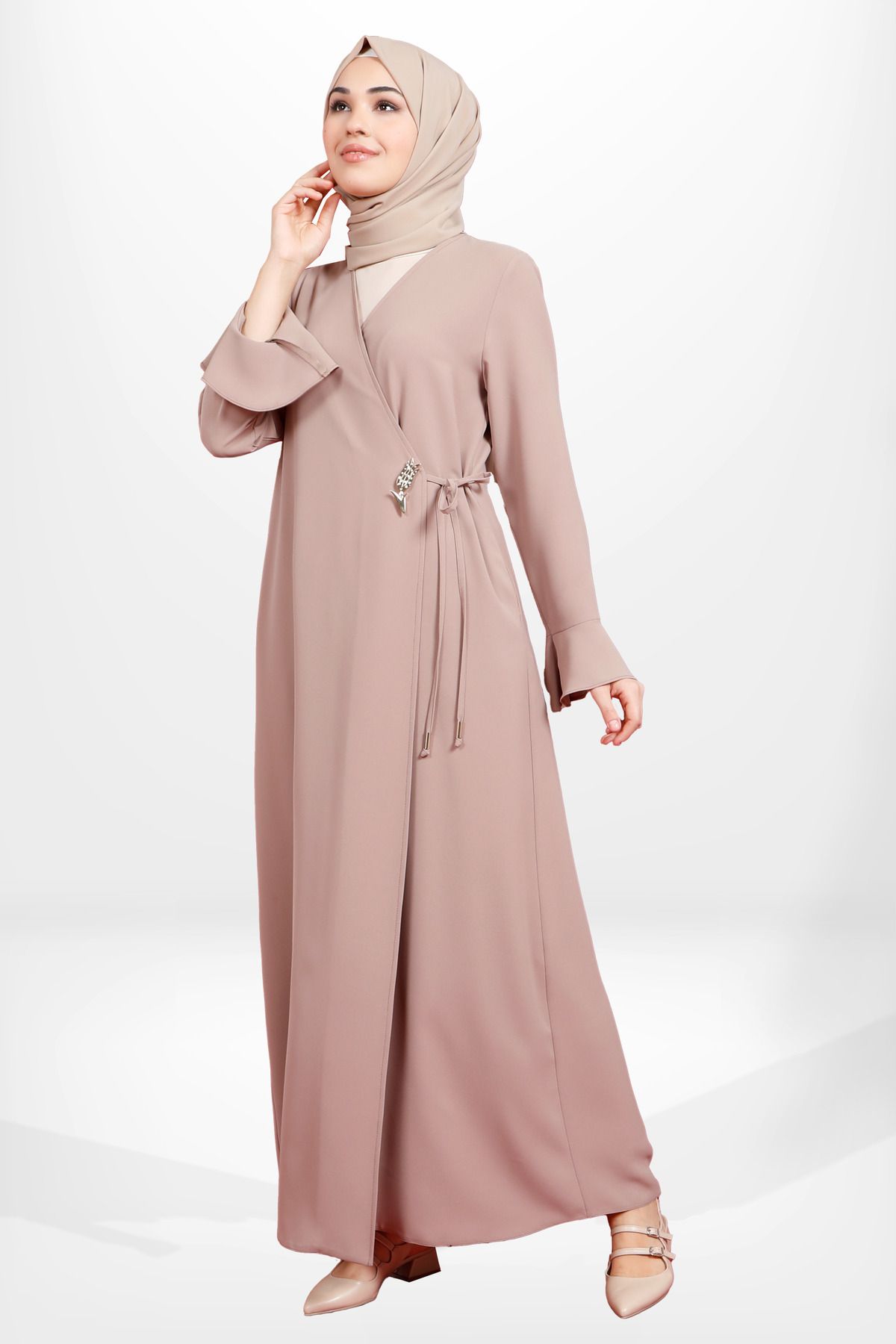 مانتو و عبای پوشیده زنانه رنگ MINK بازوی مگس در حال اتصال ABAYA 3979 Beyza