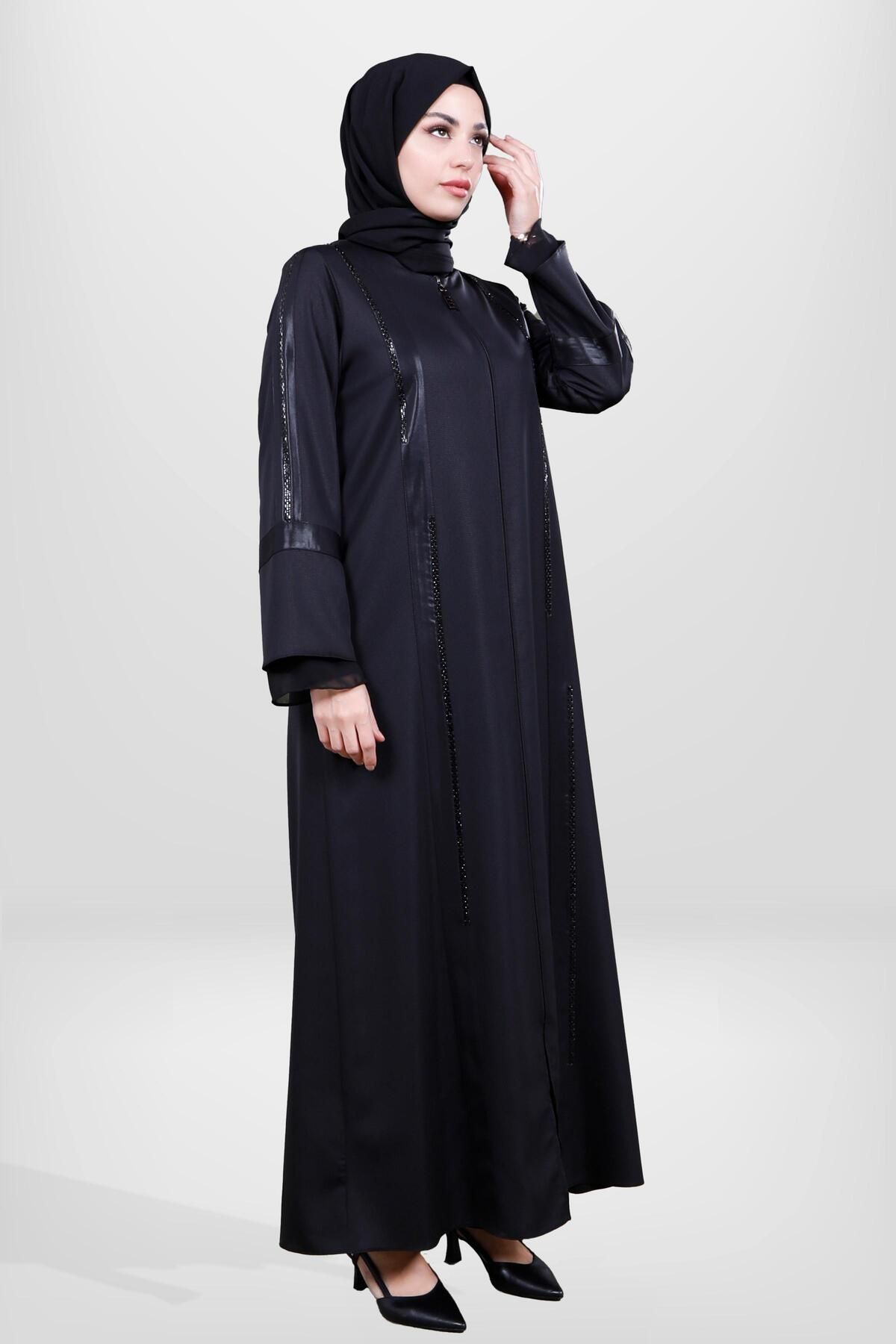 مانتو و عبای پوشیده زنانه جزئیات روبان زیپ رنگ سیاه FERACE 3751 Beyza