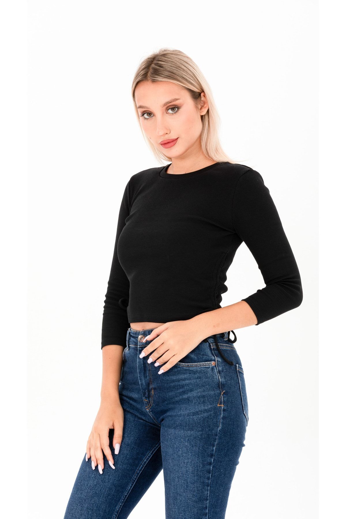 Black Thin Ribbed Side Shirred Knitted Crop Blouse