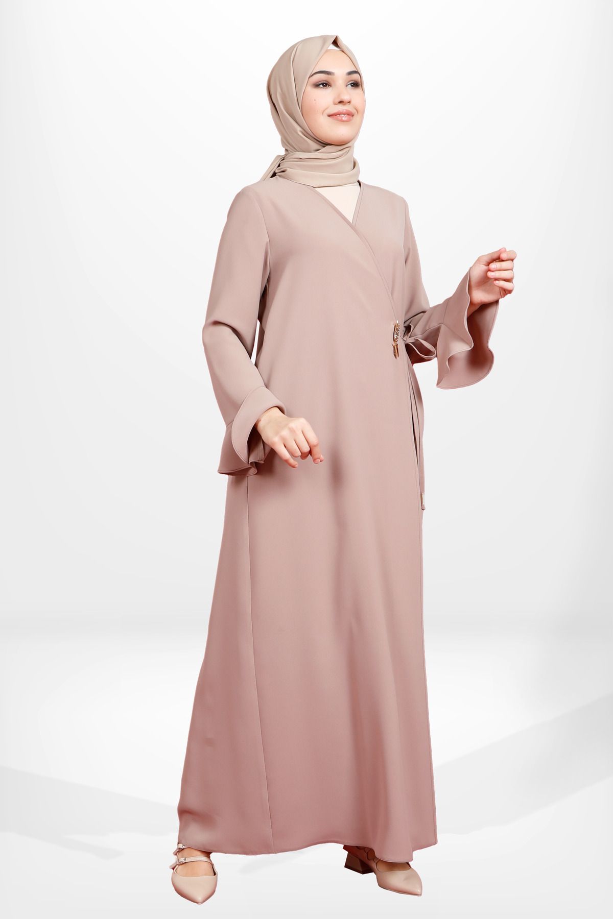 مانتو و عبای پوشیده زنانه رنگ MINK بازوی مگس در حال اتصال ABAYA 3979 Beyza