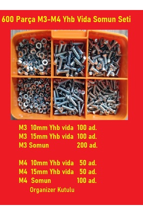 bul end M3-M4 Yhb Vida Somun Seti-600 Adet   boy 10-15  Mm Organizer Kutulu