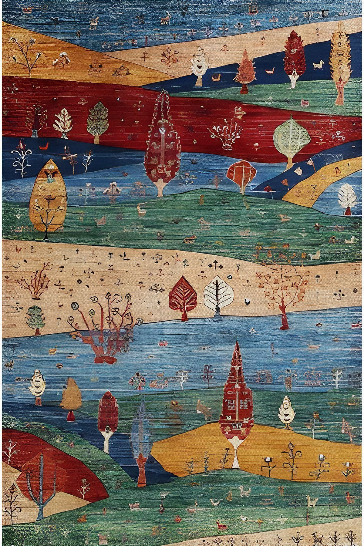 mars halı renklı manzara temalı dekoratif Kilim Salon Halısı Saçaklı Yıkanabilen Halı