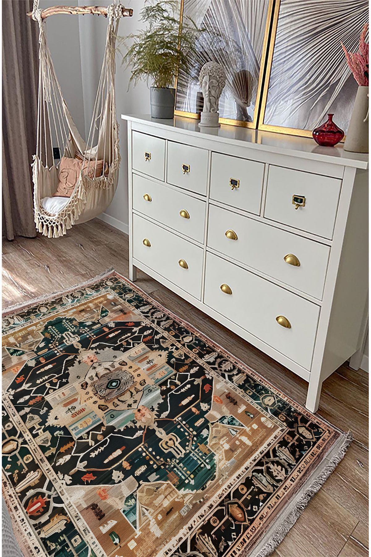 Etnik Desenli Yıkanabilir Kaymaz Tabanlı Salon Halısı, Koridor ve Mutfak Halısı Kilim mars 87