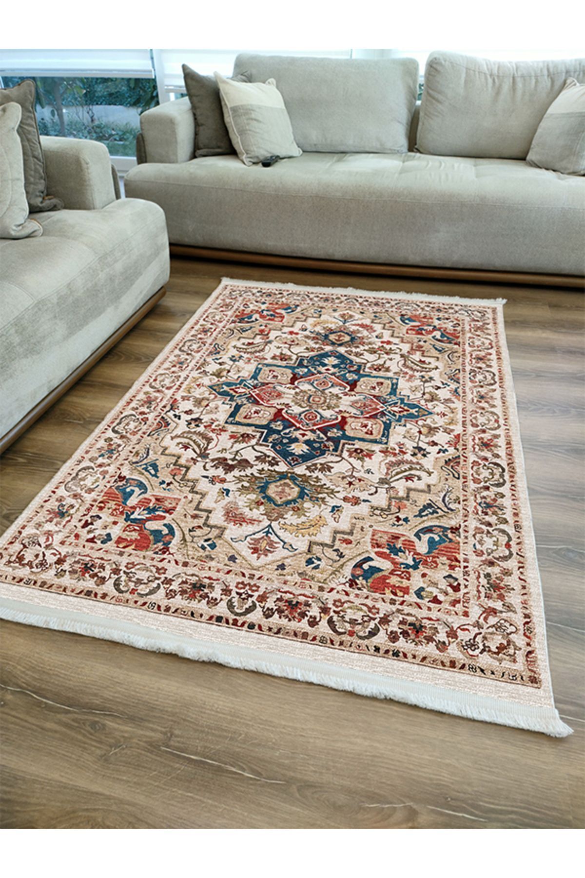 Krem ve Bej Tonlarında Vintage Modern Saçaklı Yıkanabilen dekoratif halı modeli Mars 2178