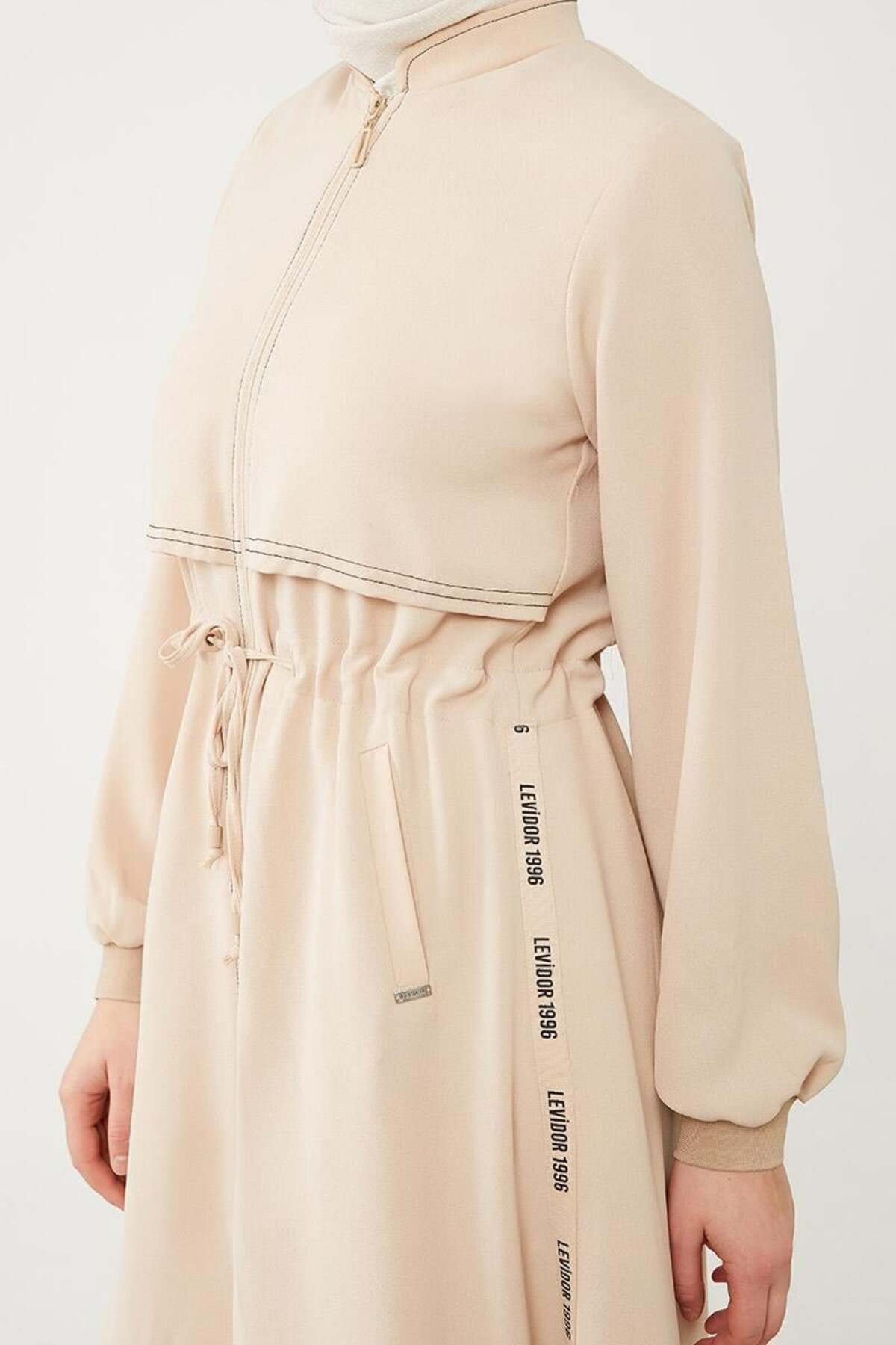 Levidor-Beige Ferace - With Text Detail and Drawstring Detail on the Waist 8