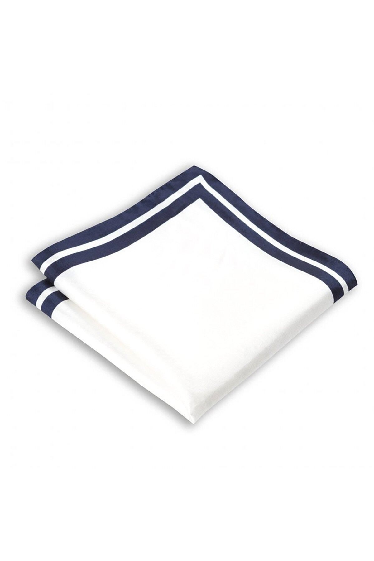  پوشت جیبی ابریشمی سفید رنگی با حاشیه سرمه‌ای، ابعاد ۳۳x۳۳ سانتی‌متر