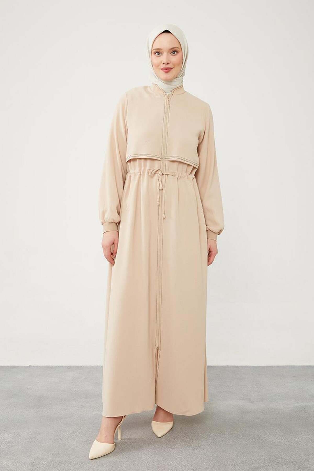 Levidor-Beige Ferace - With Text Detail and Drawstring Detail on the Waist 4