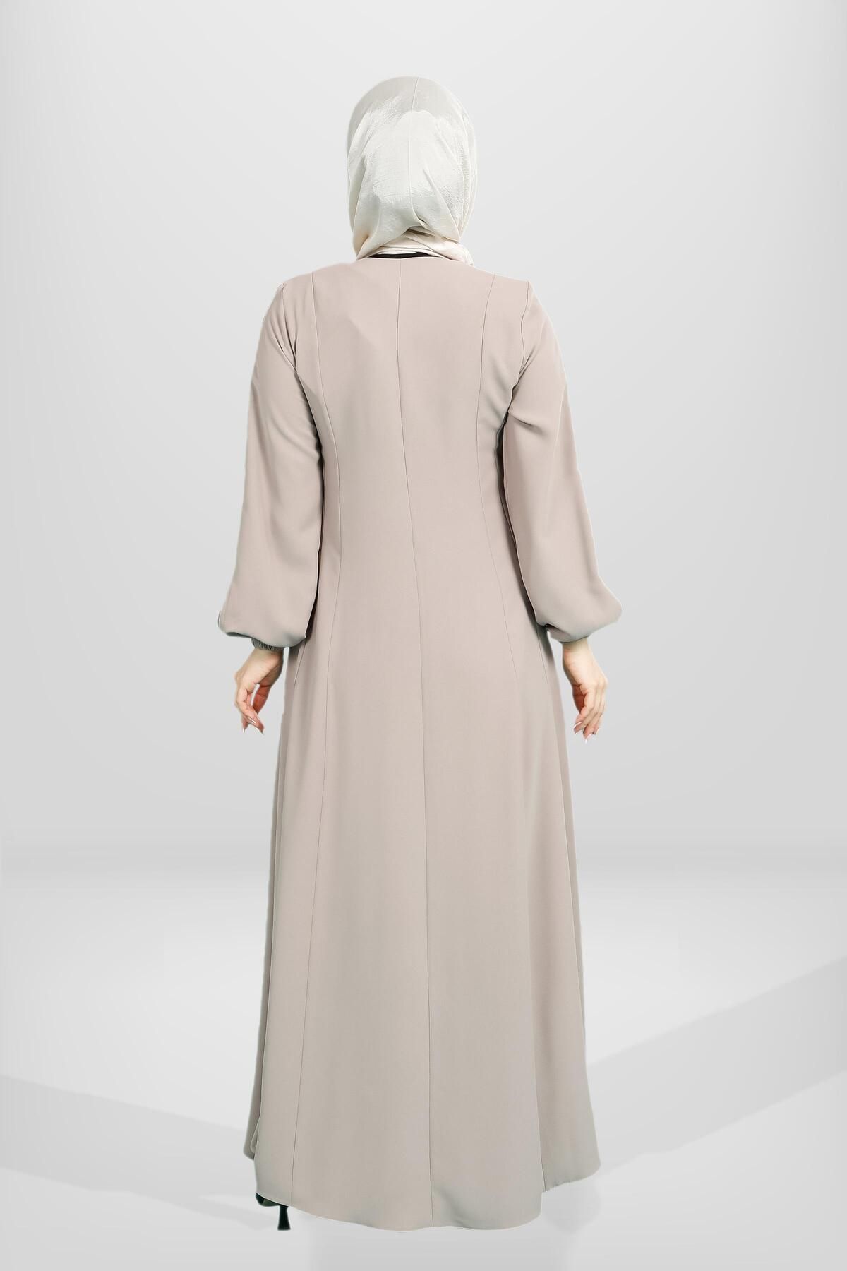 مانتو و عبای پوشیده زنانه ZIPPERED BIYE به تفصیل در کنار جیب با COCOCH CUT BEIGE COLOR FERACE 3902 Beyza