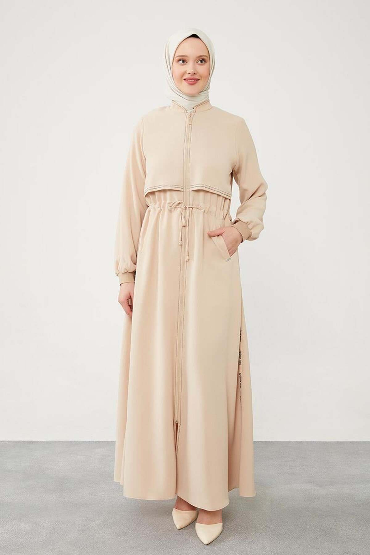 Levidor-Beige Ferace - With Text Detail and Drawstring Detail on the Waist 2